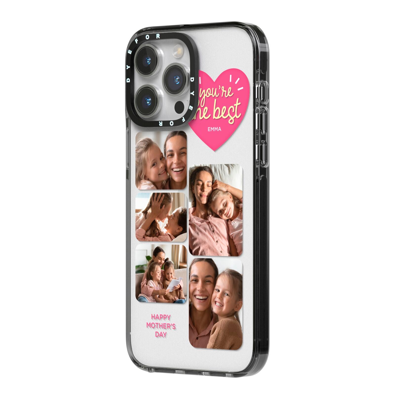 Mothers Day Multi Photo Strip iPhone 14 Pro Max Black Impact Case Side Angle on Silver phone