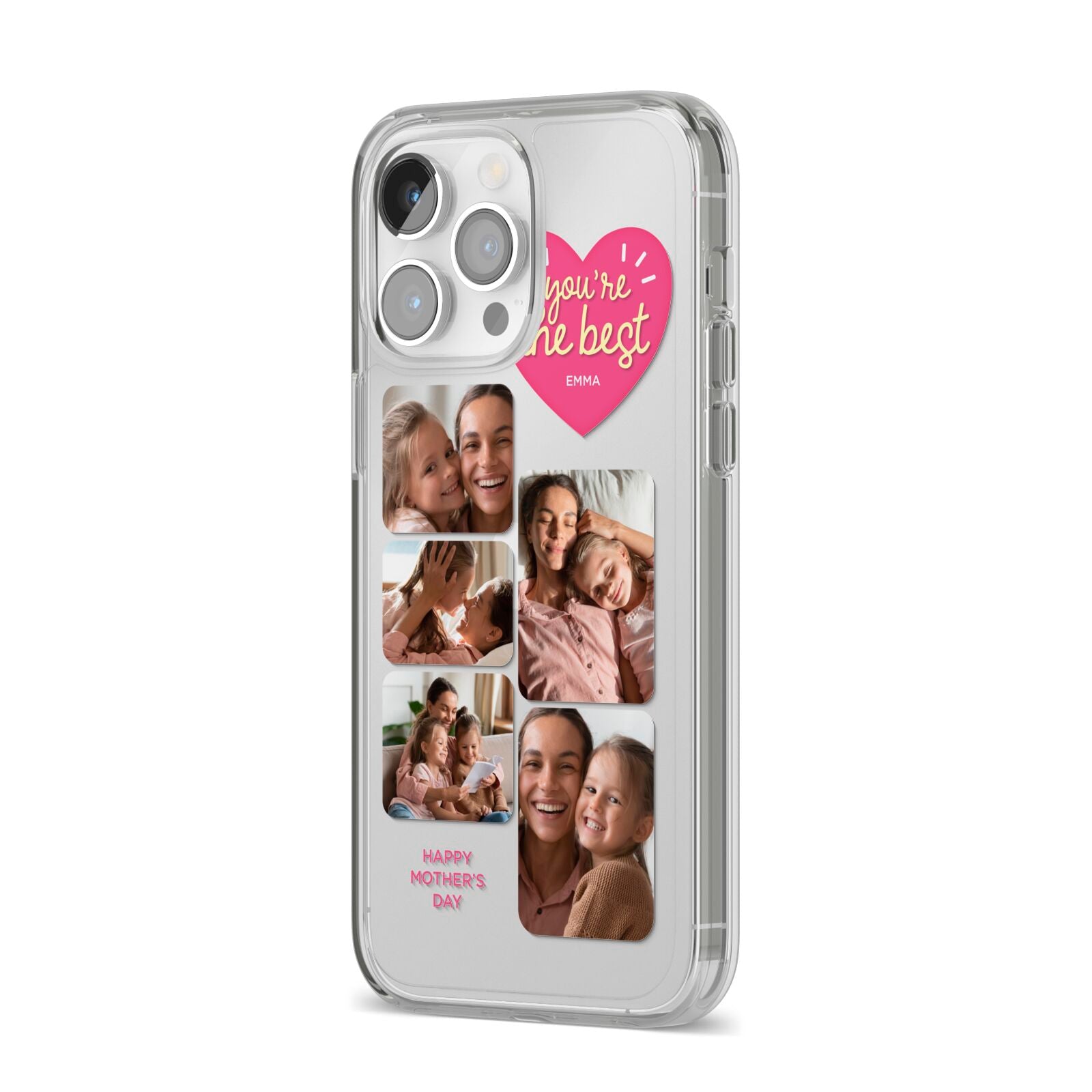 Mothers Day Multi Photo Strip iPhone 14 Pro Max Clear Tough Case Silver Angled Image