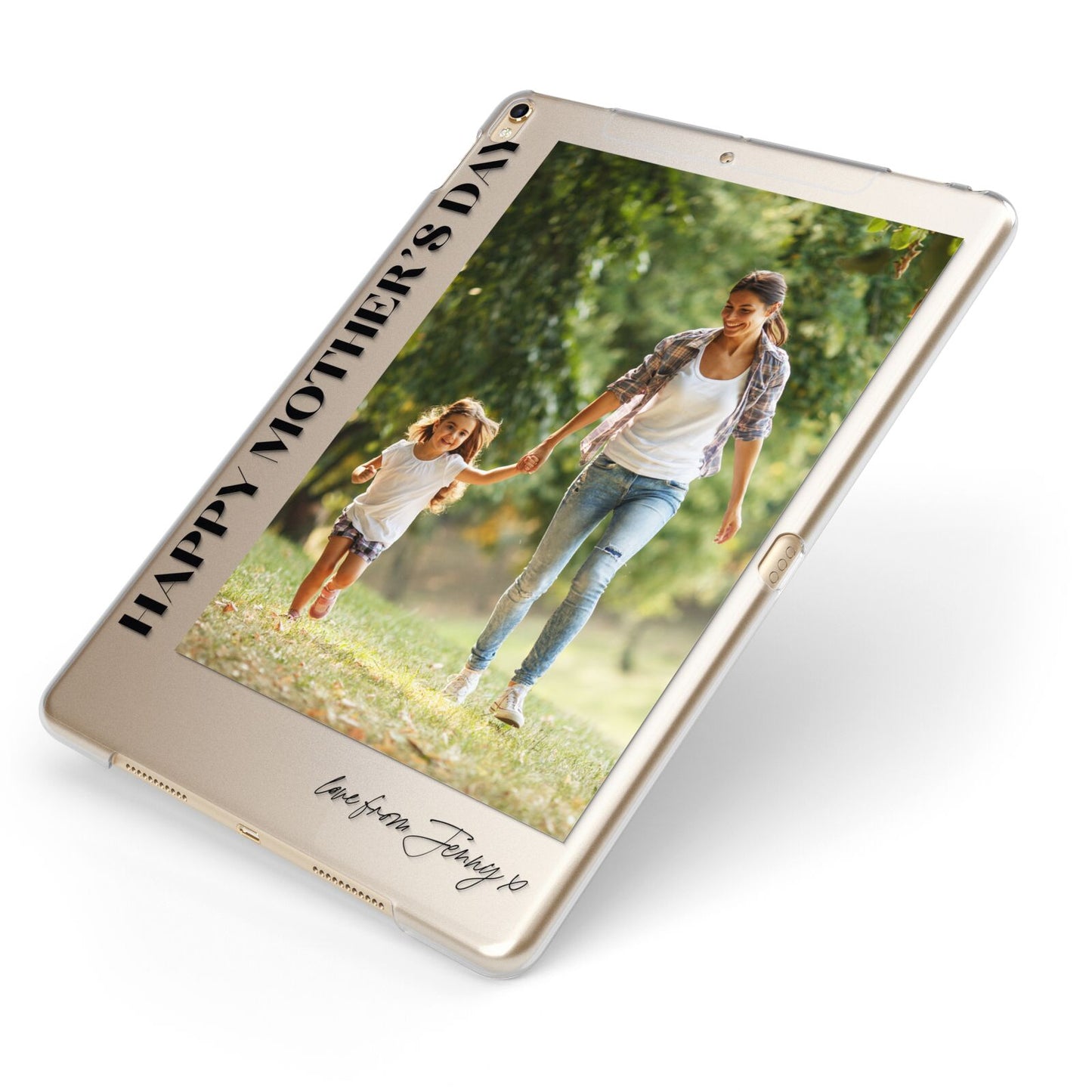 Mothers Day Photo with Text Apple iPad Case on Gold iPad Side View