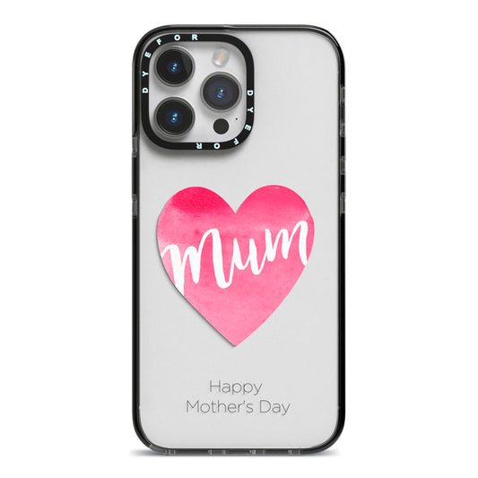 Mothers Day Watercolour Heart iPhone 14 Pro Max Black Impact Case on Silver phone