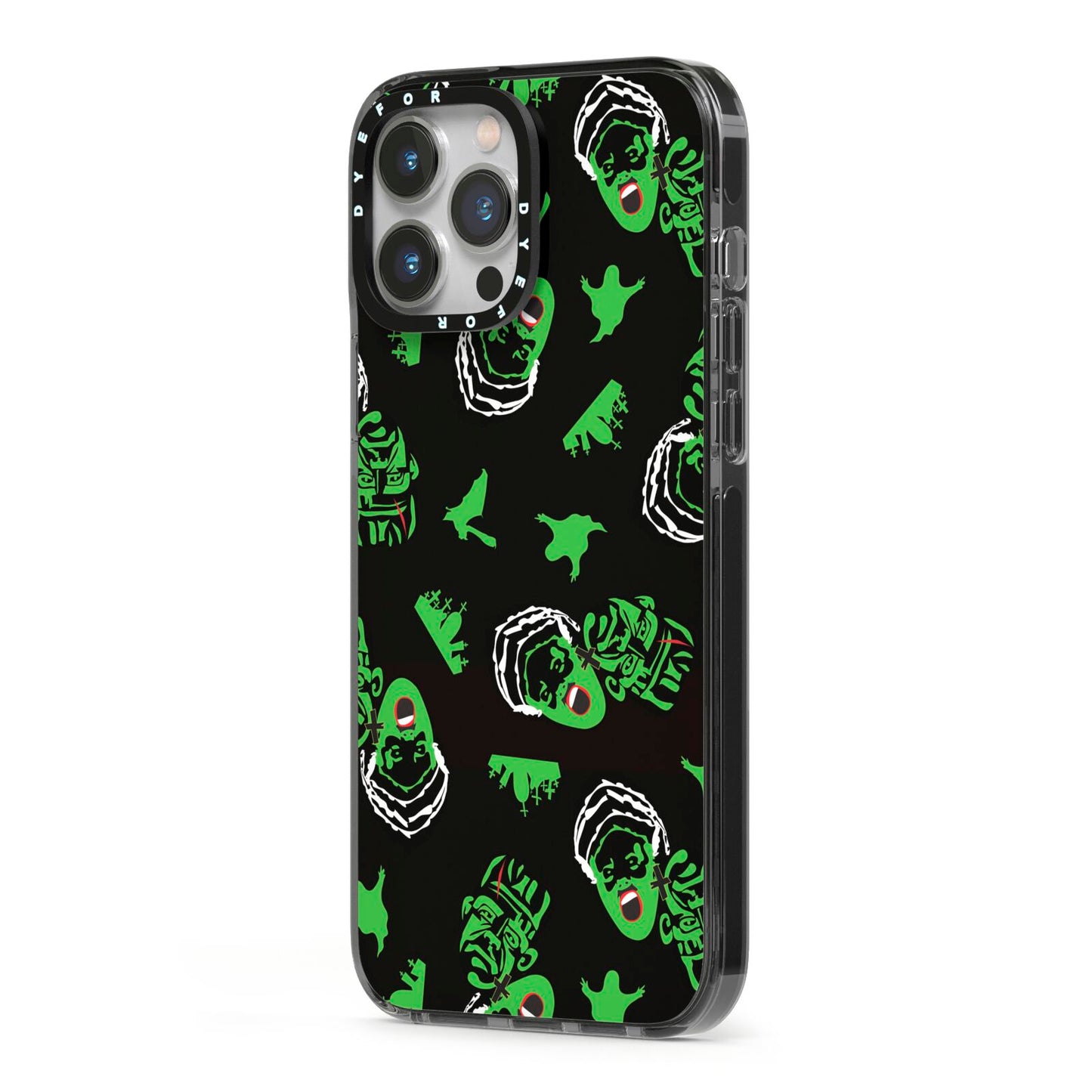 Movie Monster iPhone 13 Pro Max Black Impact Case Side Angle on Silver phone