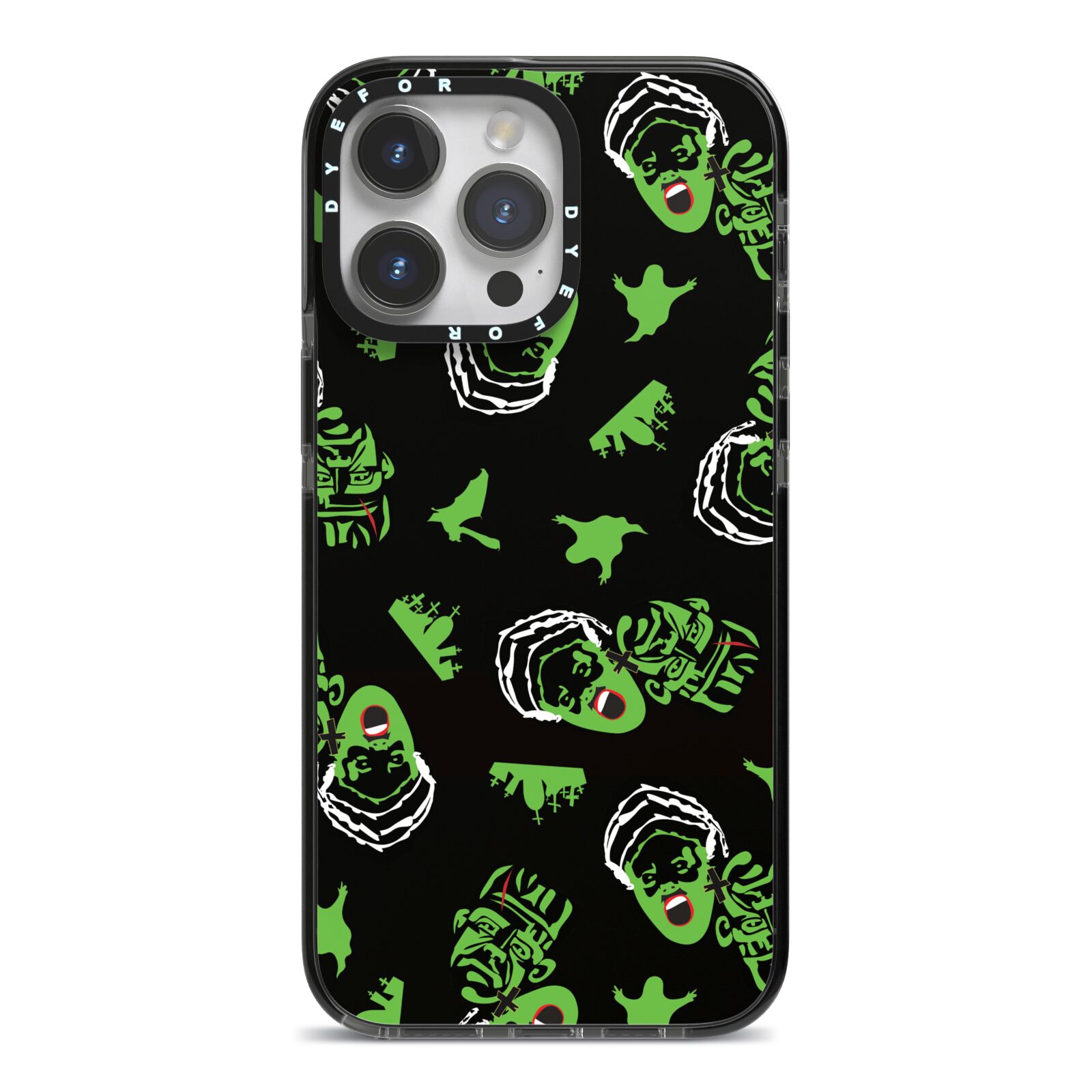 Movie Monster iPhone 14 Pro Max Black Impact Case on Silver phone