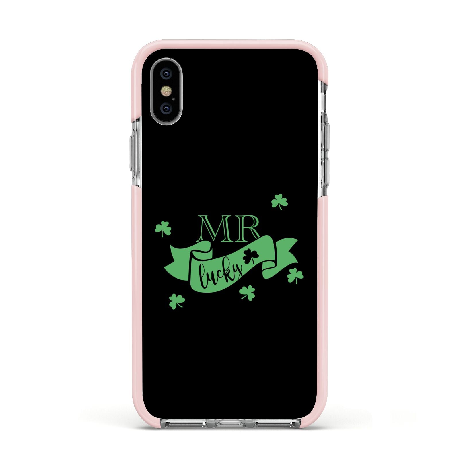 Mr Lucky Apple iPhone Xs Impact Case Pink Edge on Silver Phone