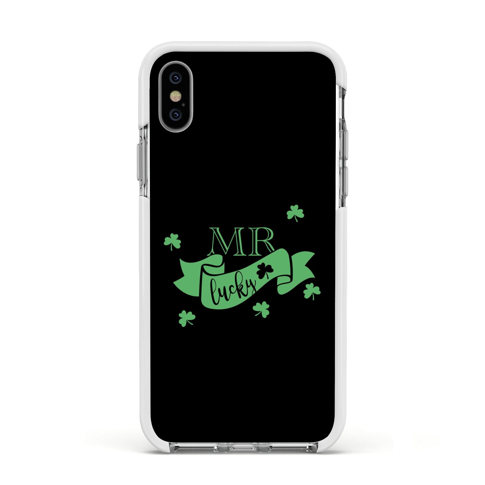 Mr Lucky Apple iPhone Xs Impact Case White Edge on Silver Phone