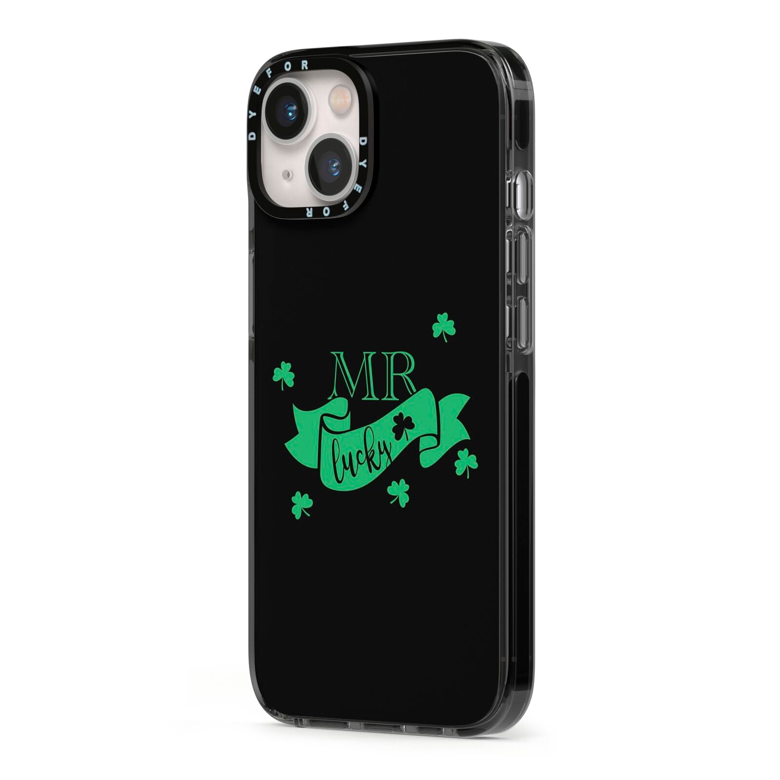 Mr Lucky iPhone 13 Black Impact Case Side Angle on Silver phone