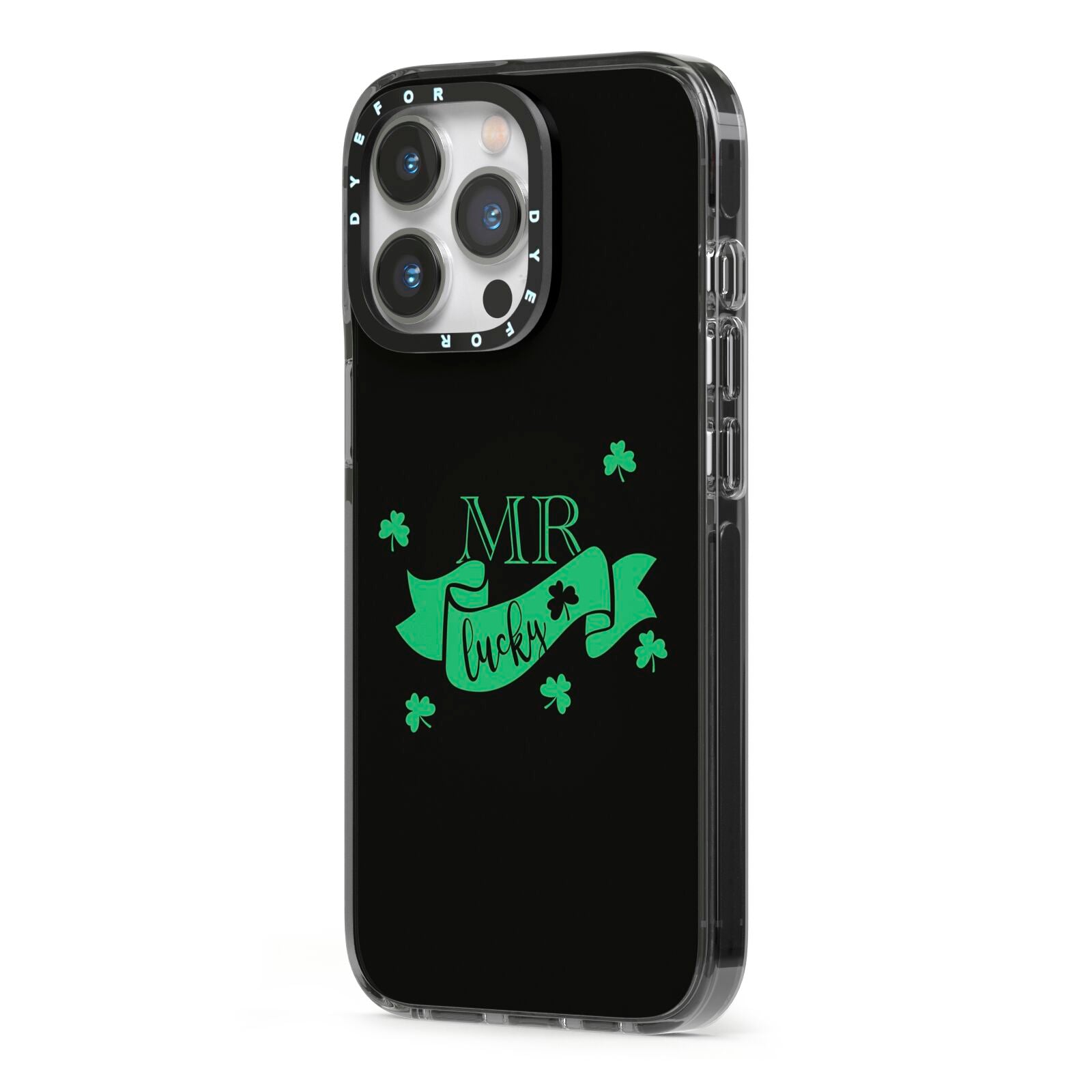 Mr Lucky iPhone 13 Pro Black Impact Case Side Angle on Silver phone