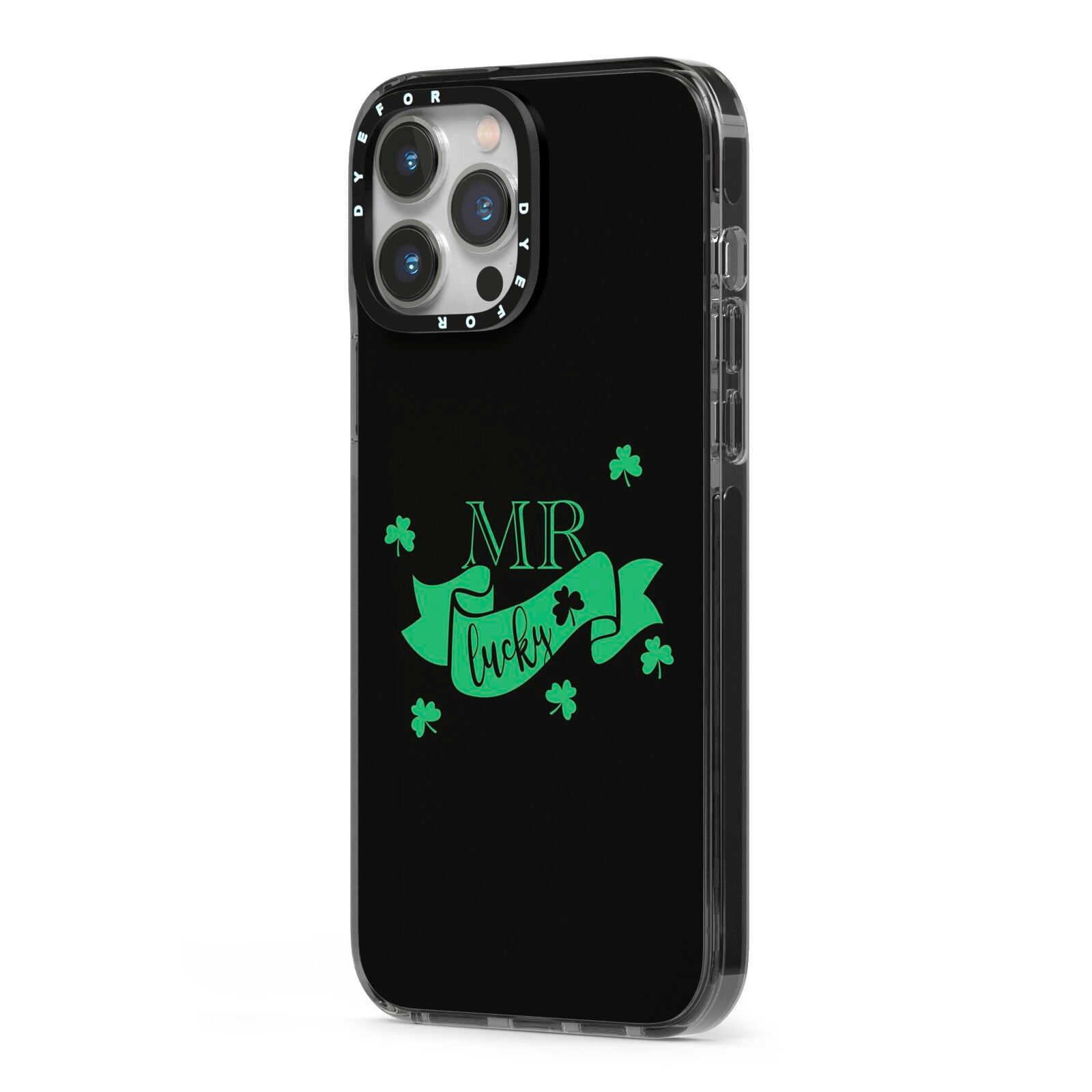 Mr Lucky iPhone 13 Pro Max Black Impact Case Side Angle on Silver phone