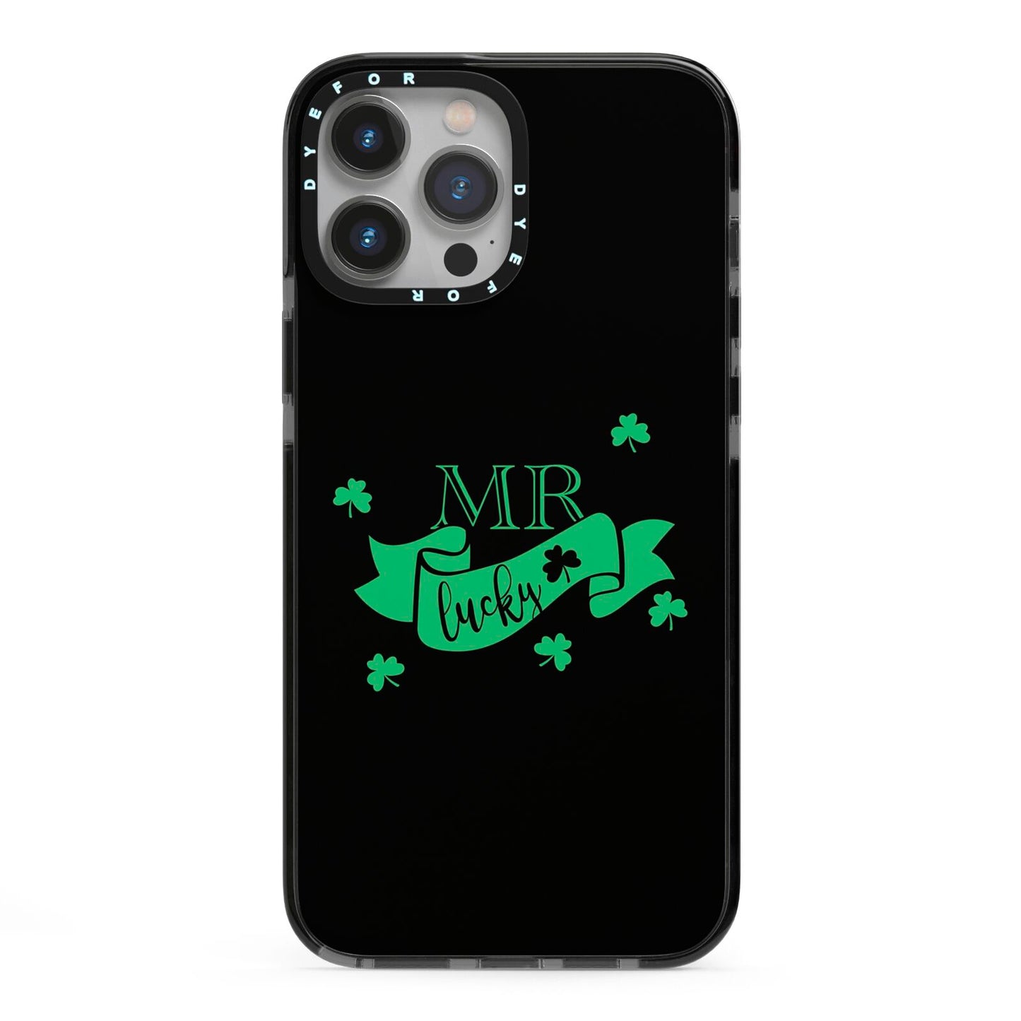 Mr Lucky iPhone 13 Pro Max Black Impact Case on Silver phone