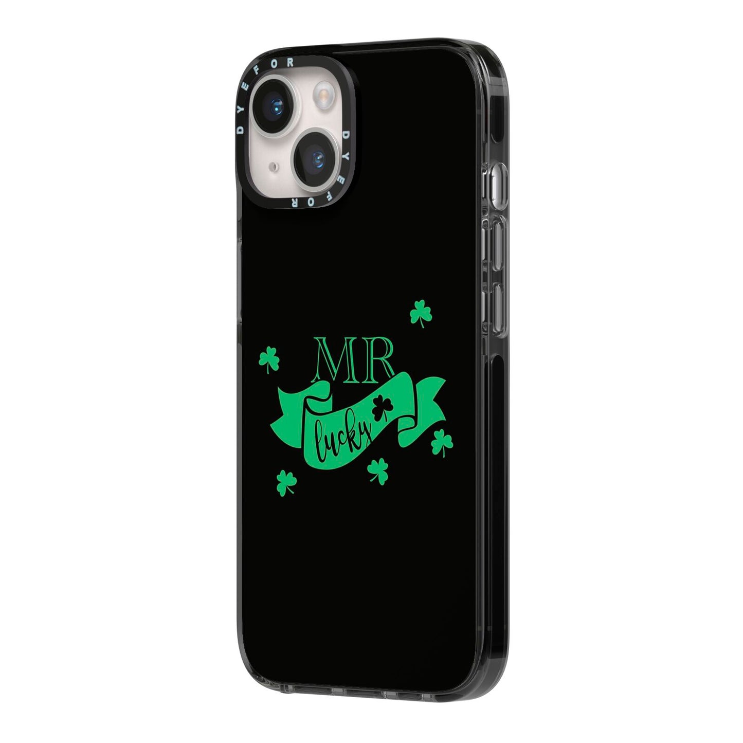 Mr Lucky iPhone 14 Black Impact Case Side Angle on Silver phone
