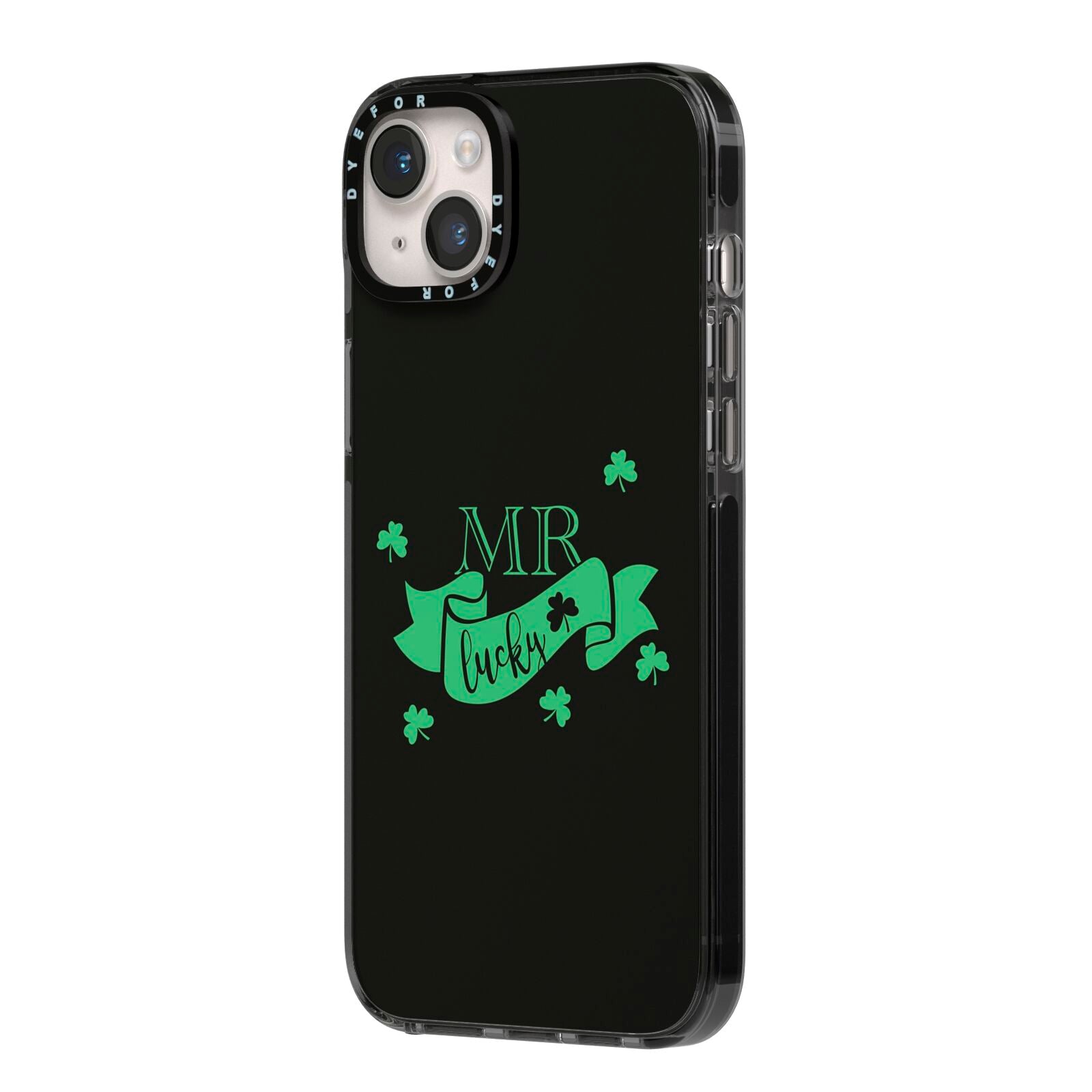 Mr Lucky iPhone 14 Plus Black Impact Case Side Angle on Silver phone