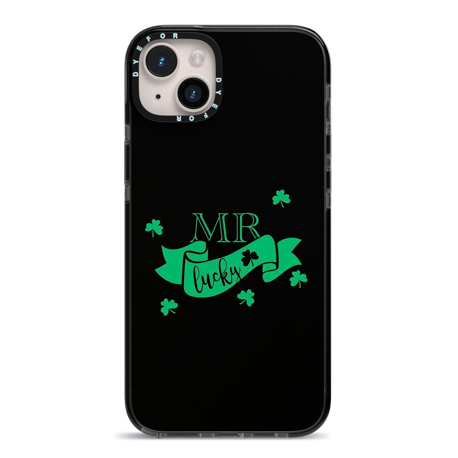 Mr Lucky iPhone 14 Plus Black Impact Case on Silver phone