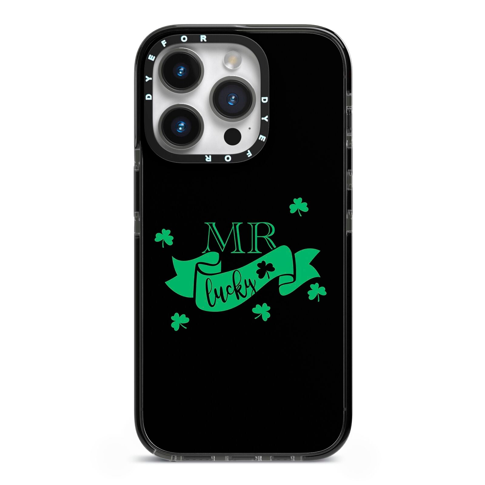 Mr Lucky iPhone 14 Pro Black Impact Case on Silver phone