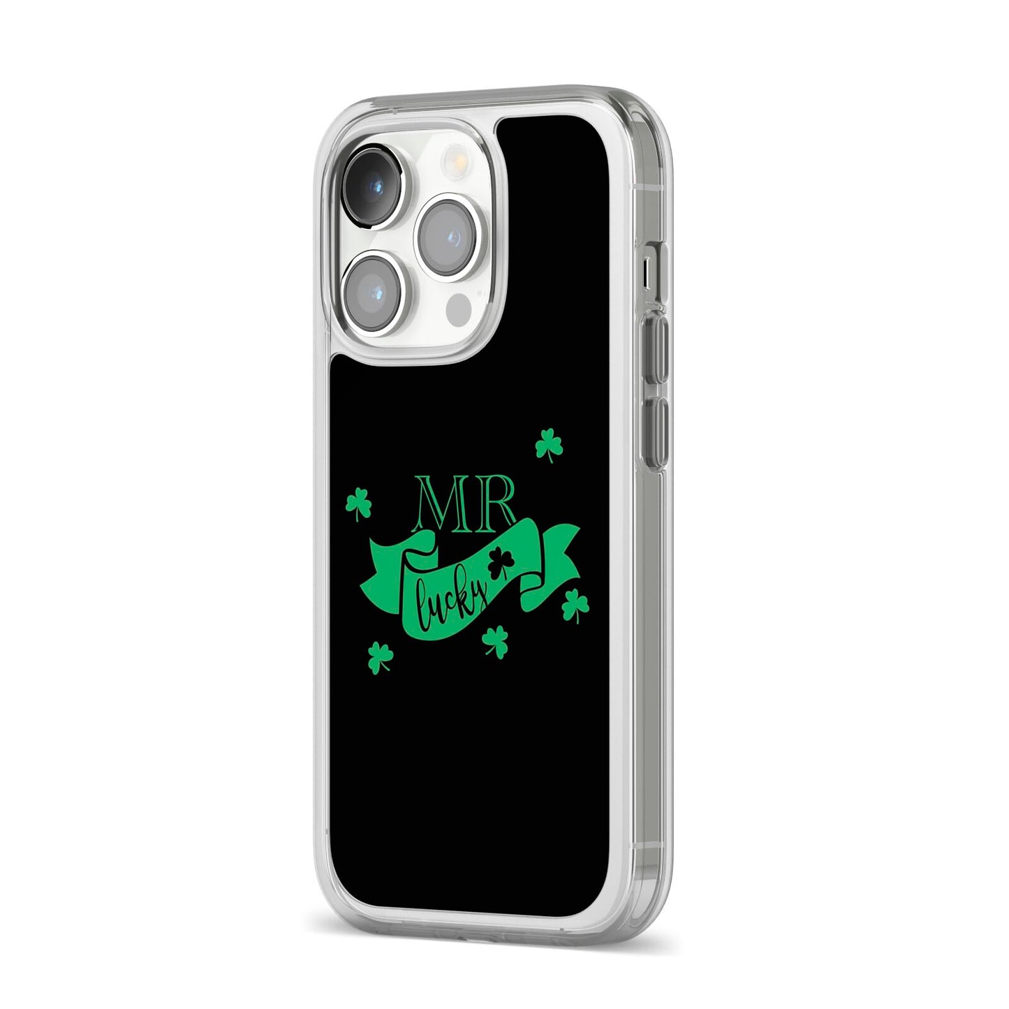 Mr Lucky iPhone 14 Pro Clear Tough Case Silver Angled Image