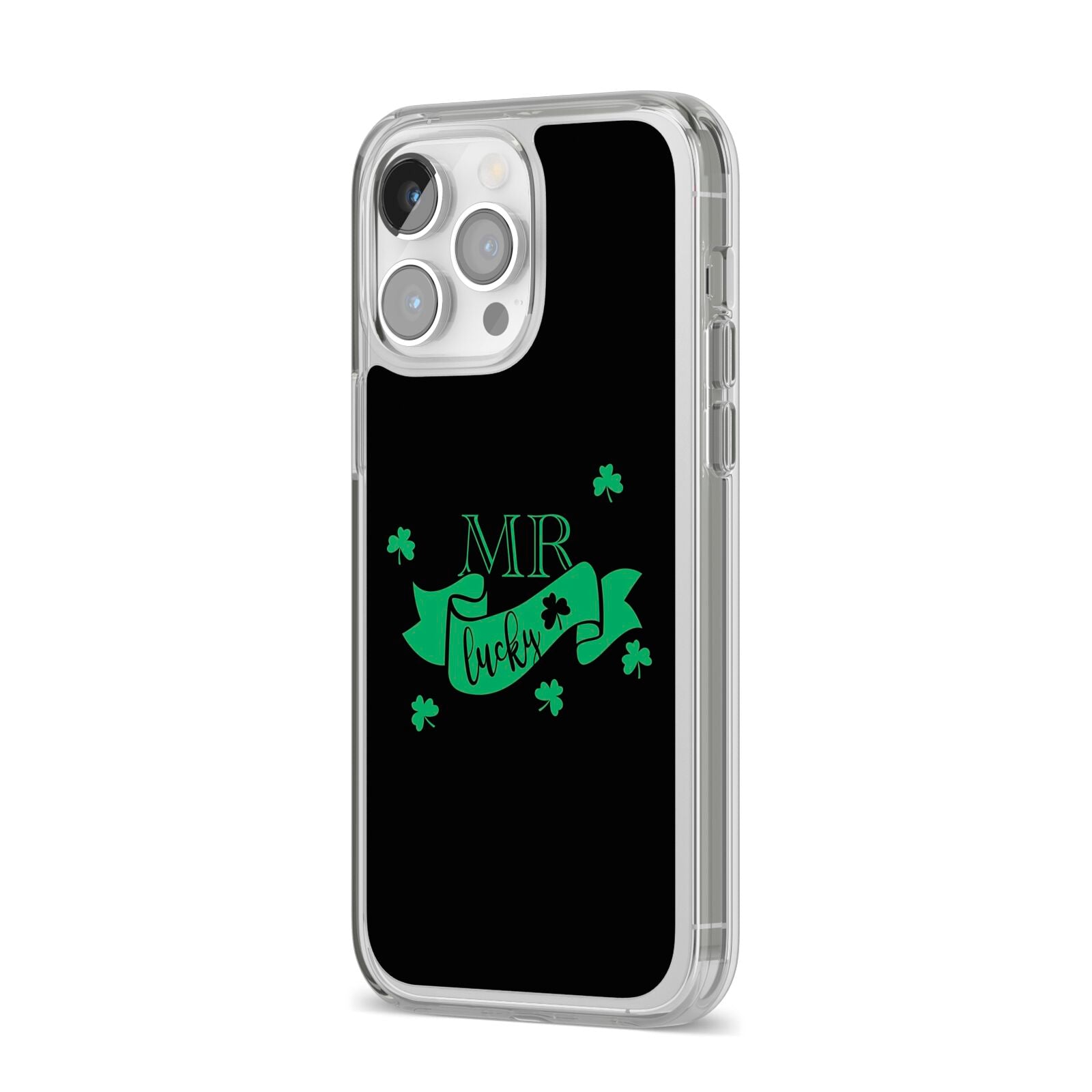 Mr Lucky iPhone 14 Pro Max Clear Tough Case Silver Angled Image