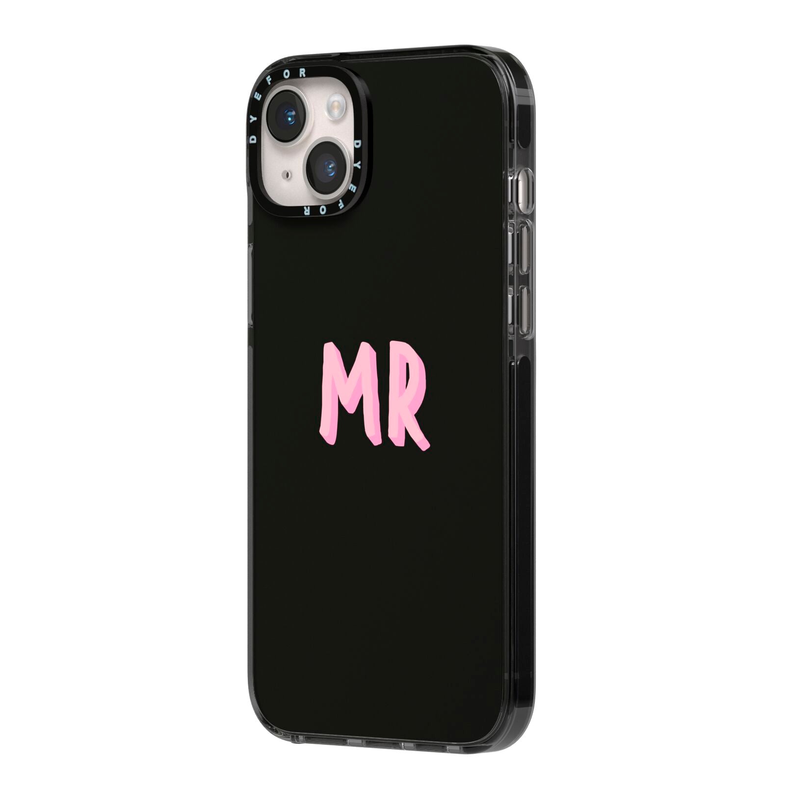 Mr iPhone 14 Plus Black Impact Case Side Angle on Silver phone