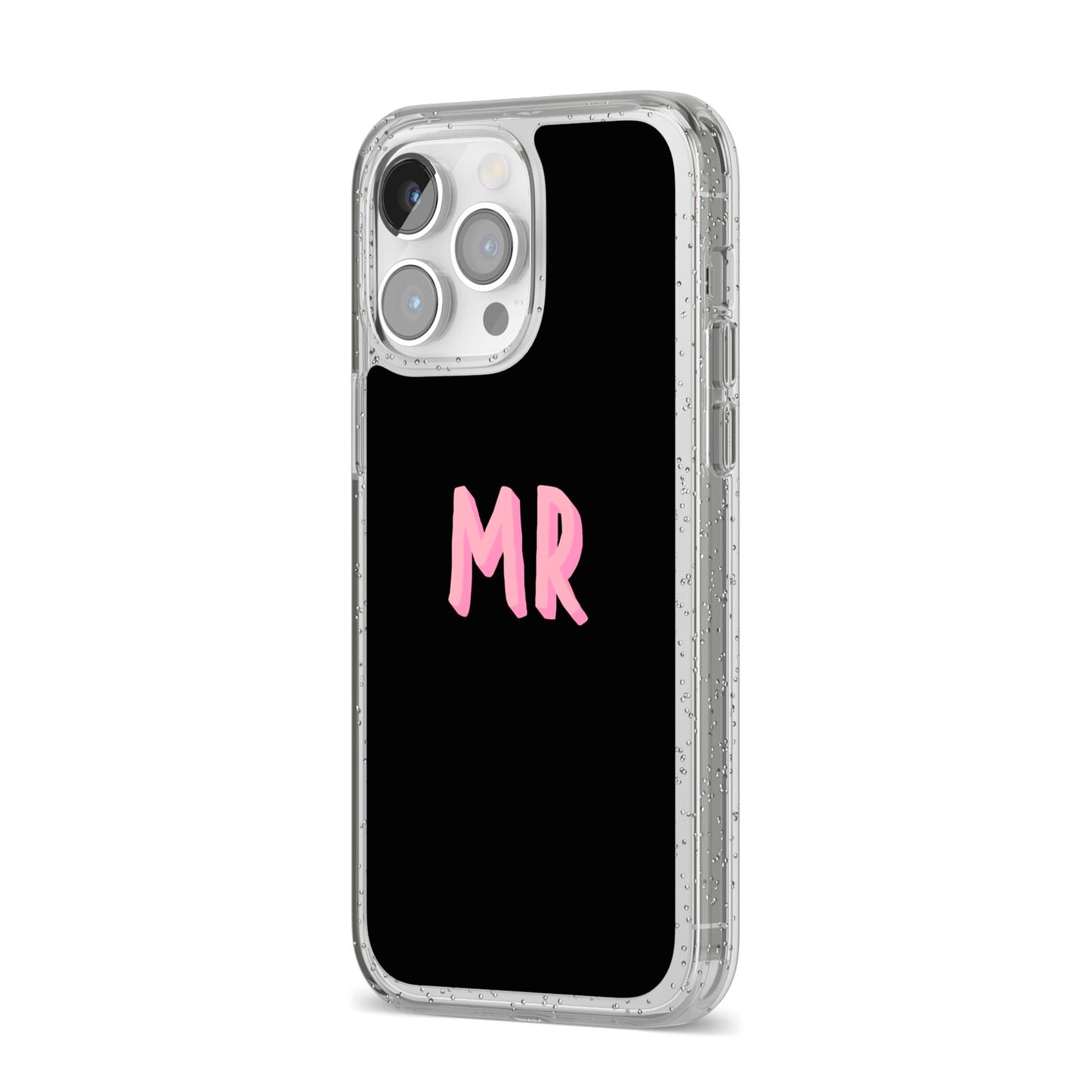 Mr iPhone 14 Pro Max Glitter Tough Case Silver Angled Image
