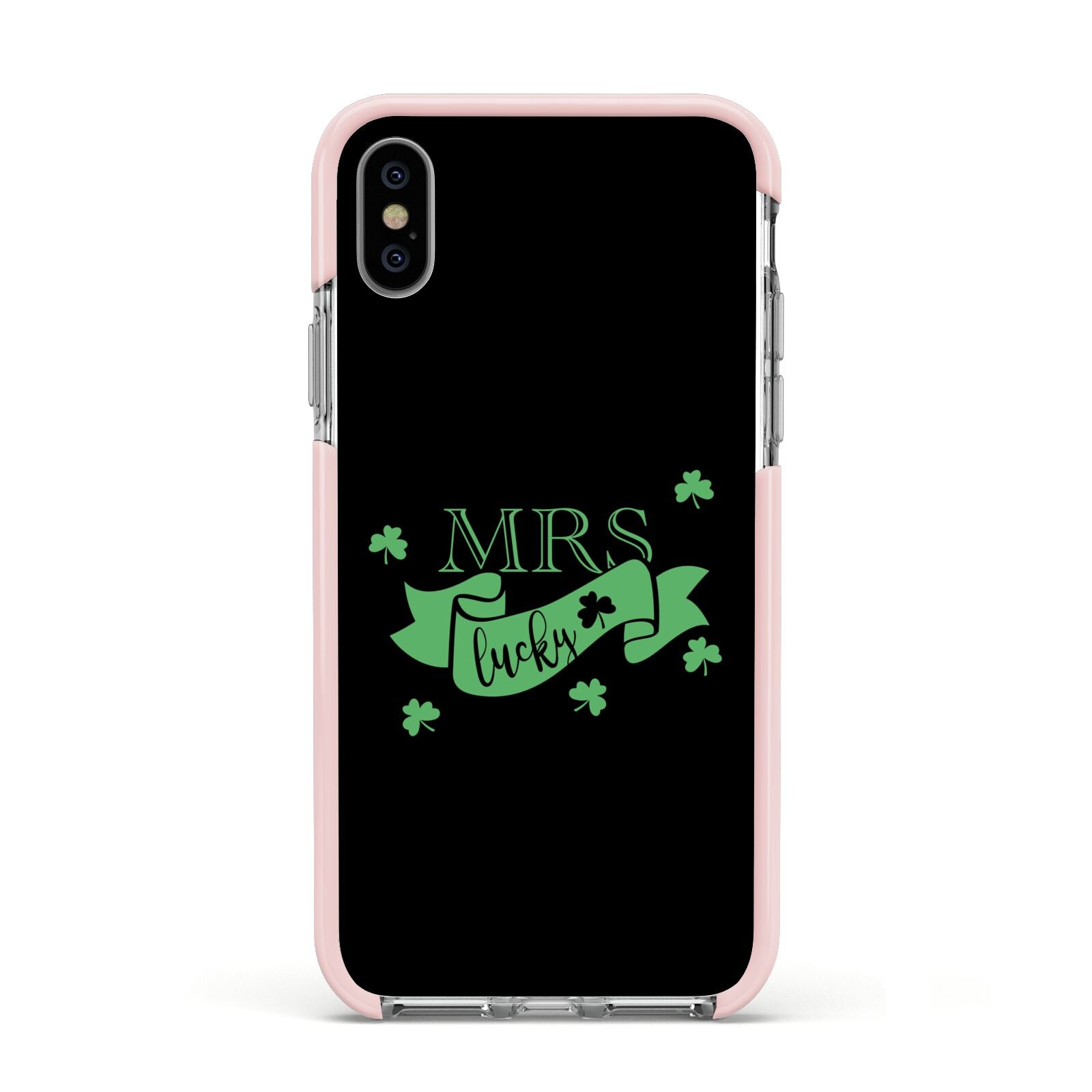 Mrs Lucky Apple iPhone Xs Impact Case Pink Edge on Silver Phone