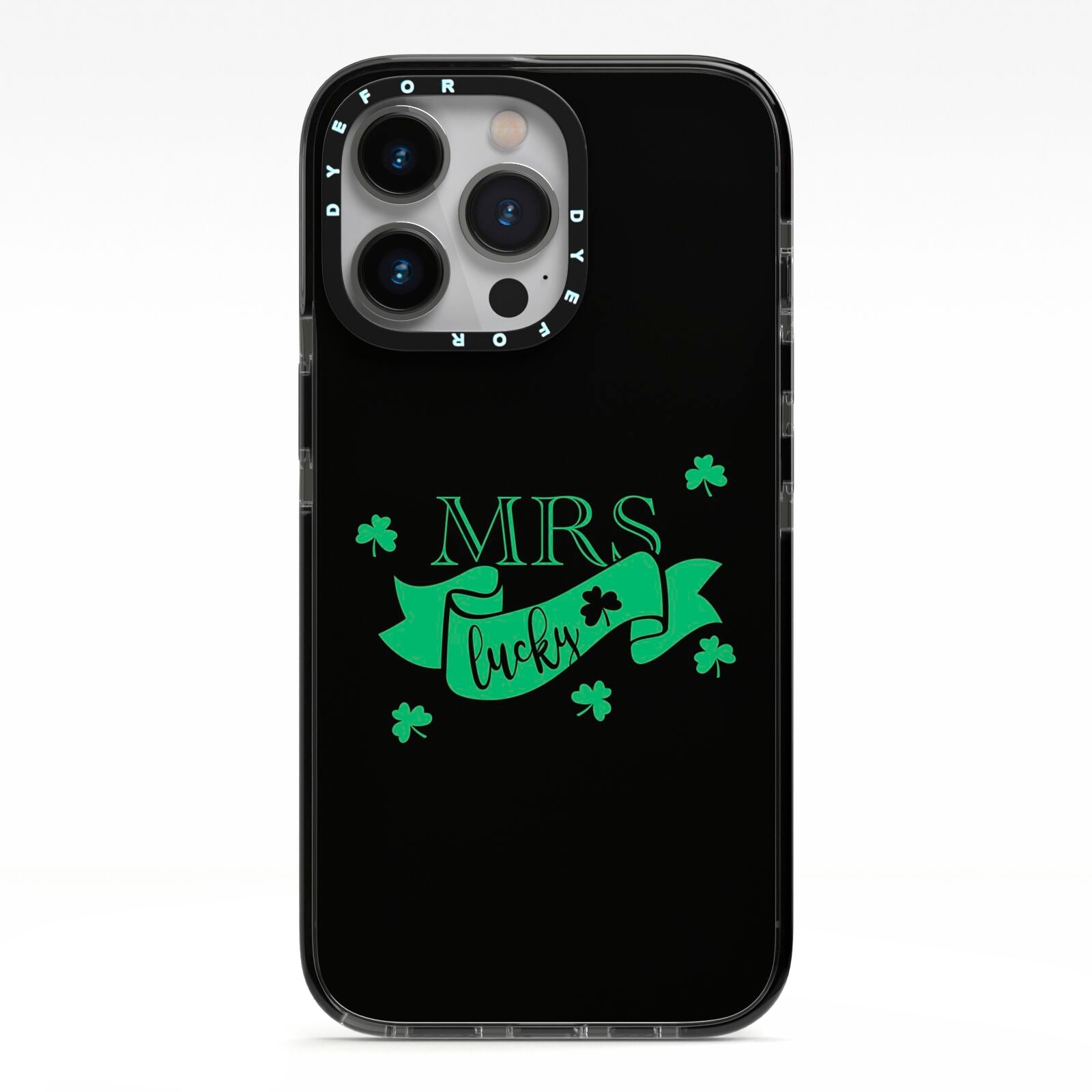 Mrs Lucky iPhone 13 Pro Black Impact Case on Silver phone