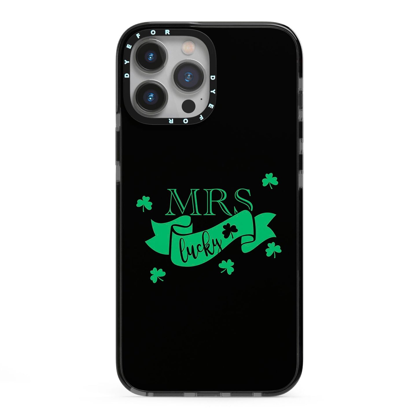 Mrs Lucky iPhone 13 Pro Max Black Impact Case on Silver phone