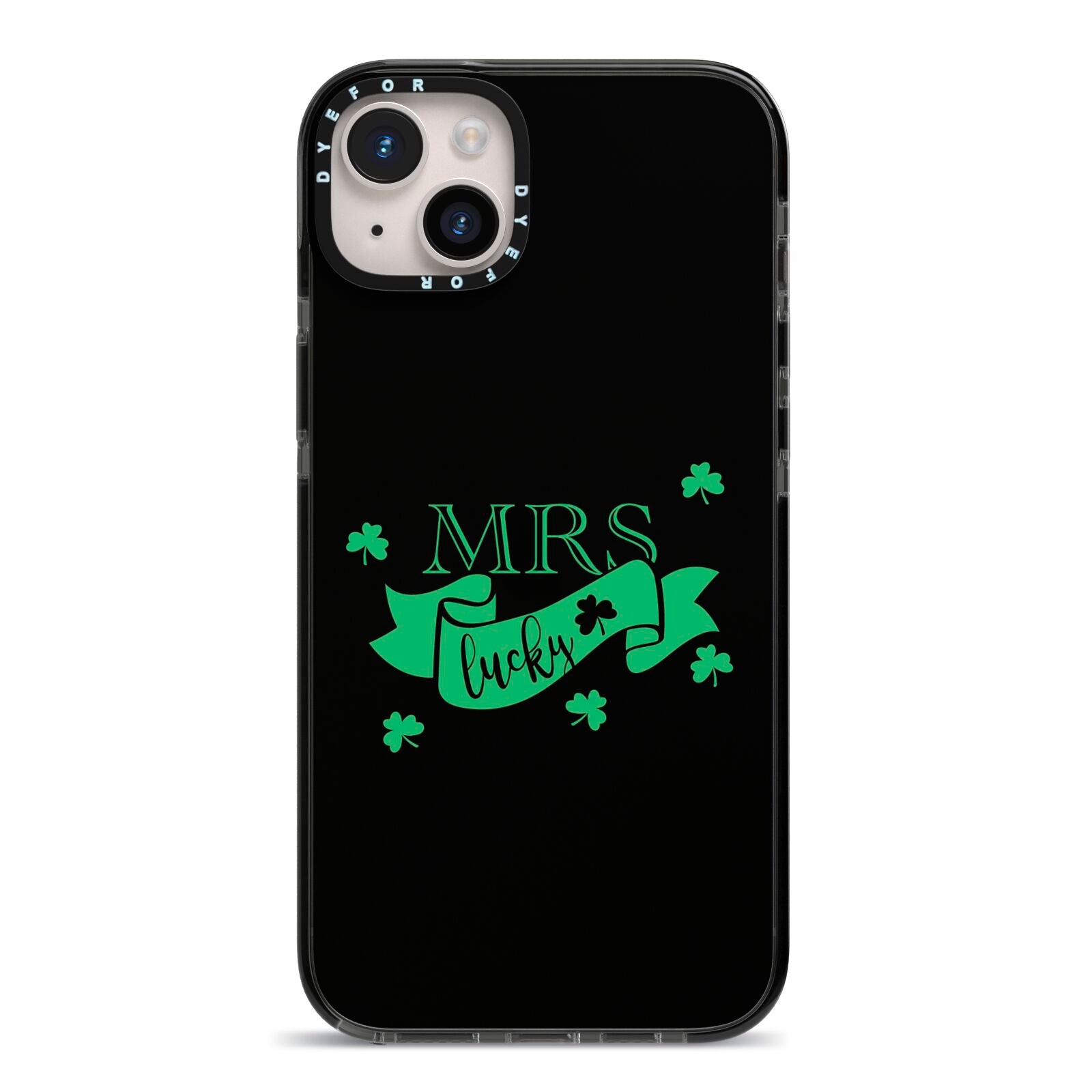 Mrs Lucky iPhone 14 Plus Black Impact Case on Silver phone