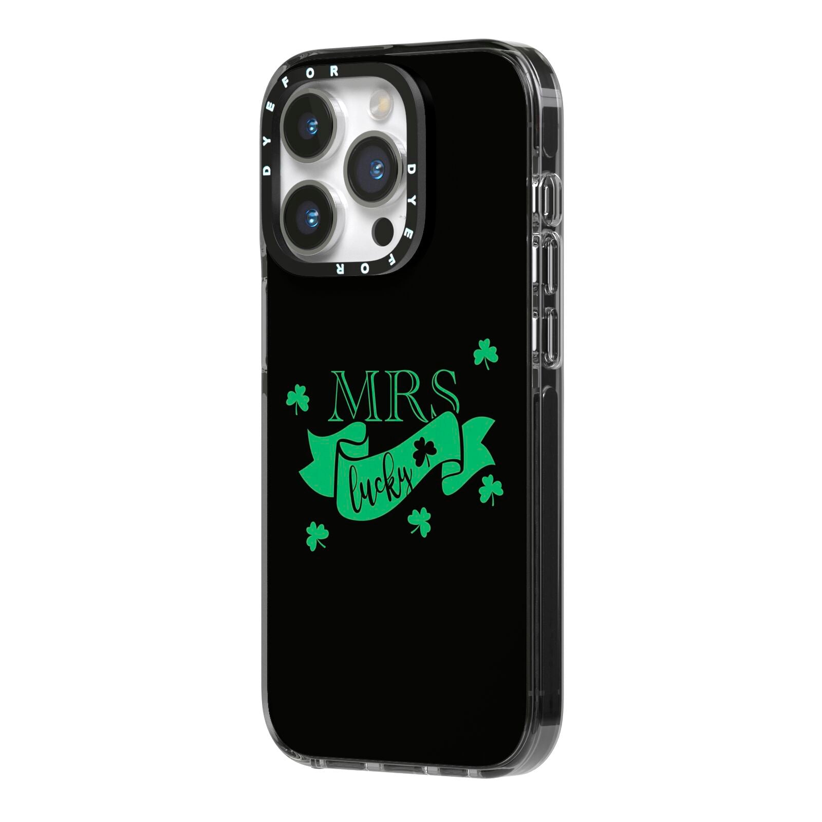 Mrs Lucky iPhone 14 Pro Black Impact Case Side Angle on Silver phone