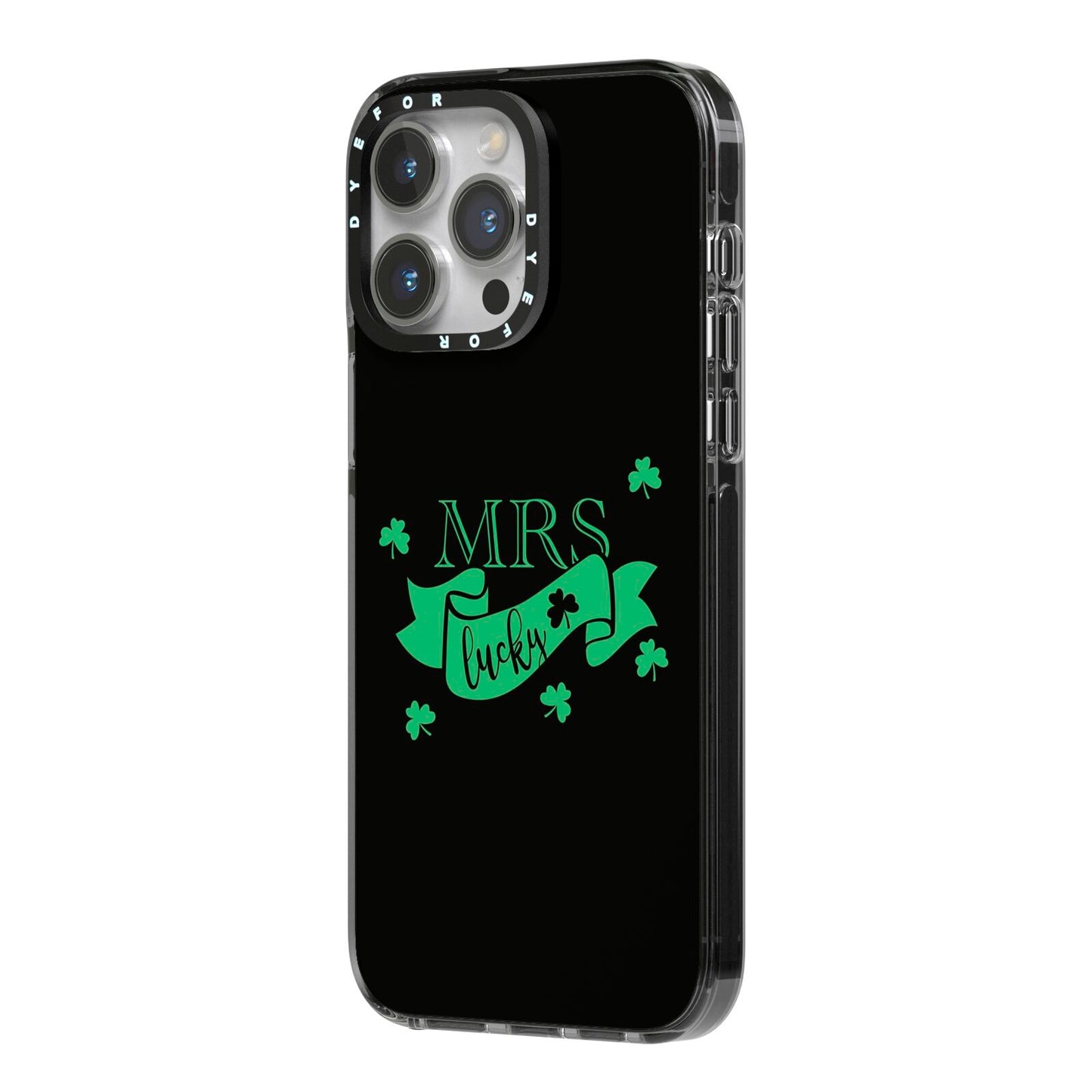 Mrs Lucky iPhone 14 Pro Max Black Impact Case Side Angle on Silver phone