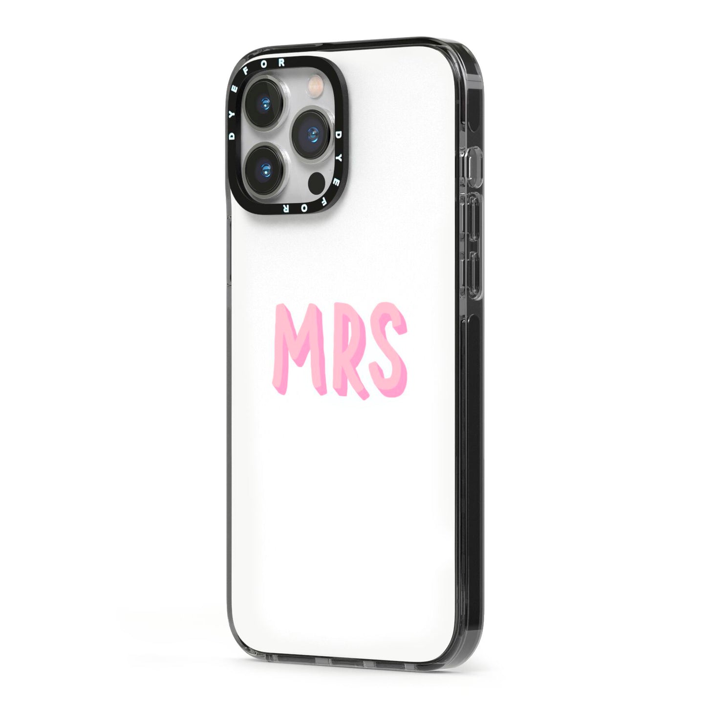 Mrs iPhone 13 Pro Max Black Impact Case Side Angle on Silver phone