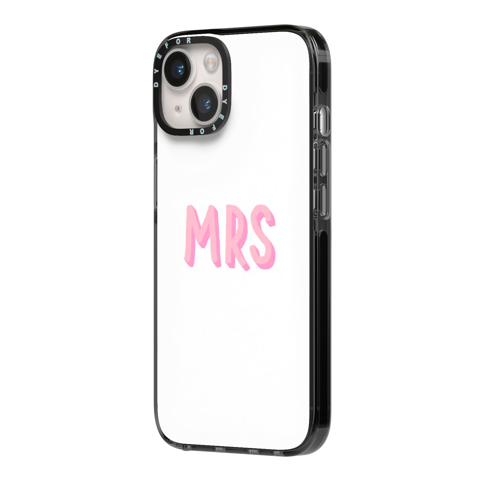 Mrs iPhone 14 Black Impact Case Side Angle on Silver phone