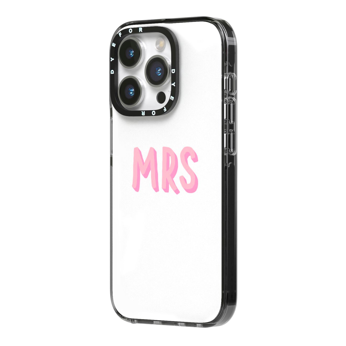 Mrs iPhone 14 Pro Black Impact Case Side Angle on Silver phone
