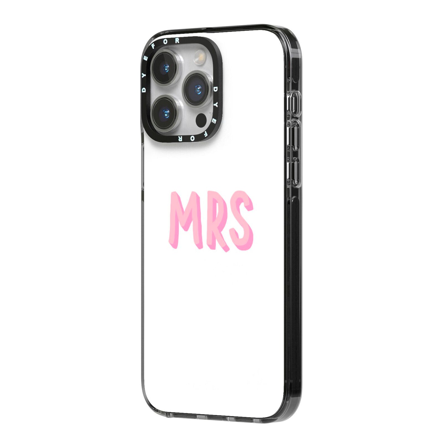 Mrs iPhone 14 Pro Max Black Impact Case Side Angle on Silver phone