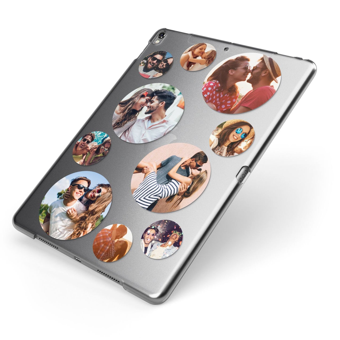 Multi Circular Photo Collage Upload Apple iPad Case on Grey iPad Side View