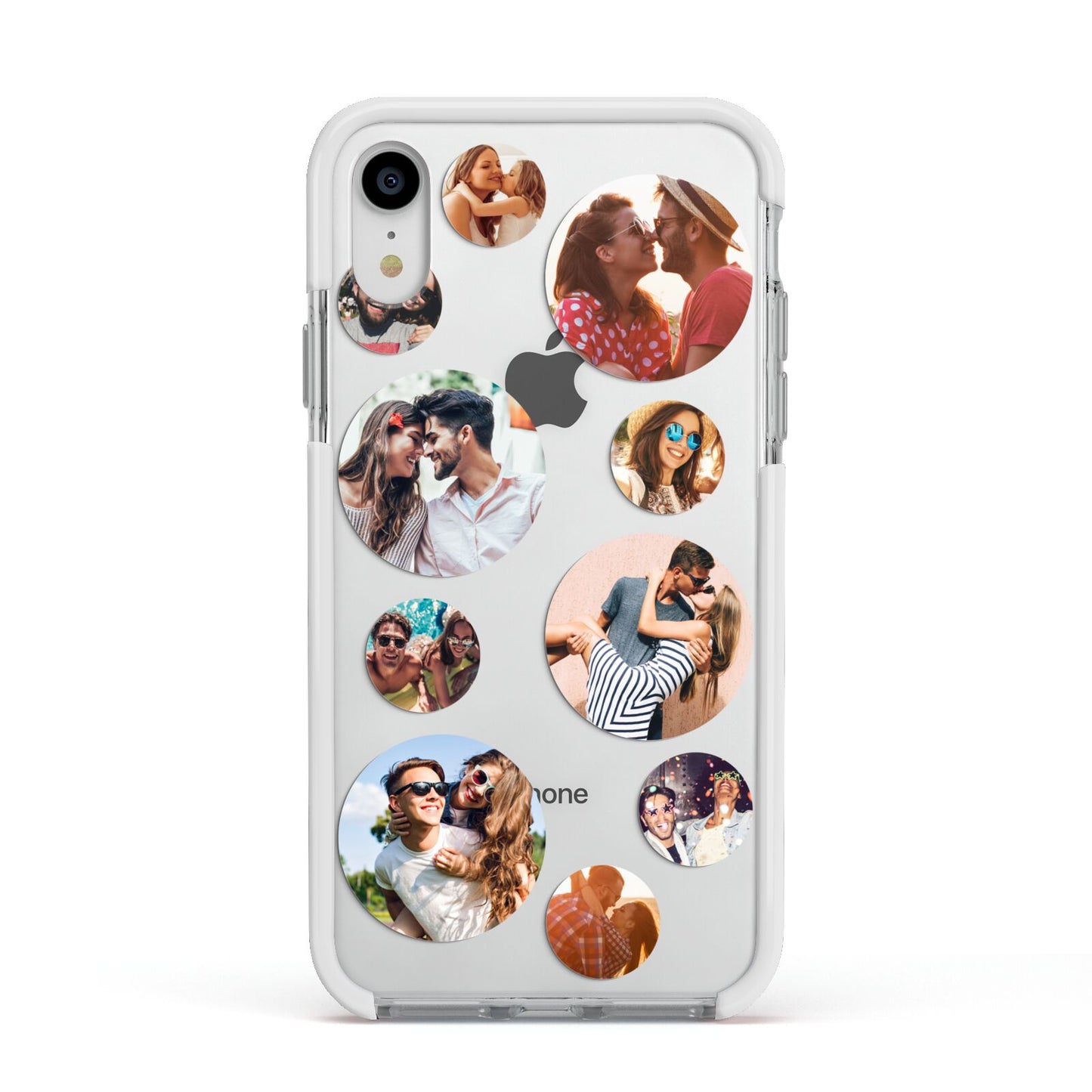 Multi Circular Photo Collage Upload Apple iPhone XR Impact Case White Edge on Silver Phone