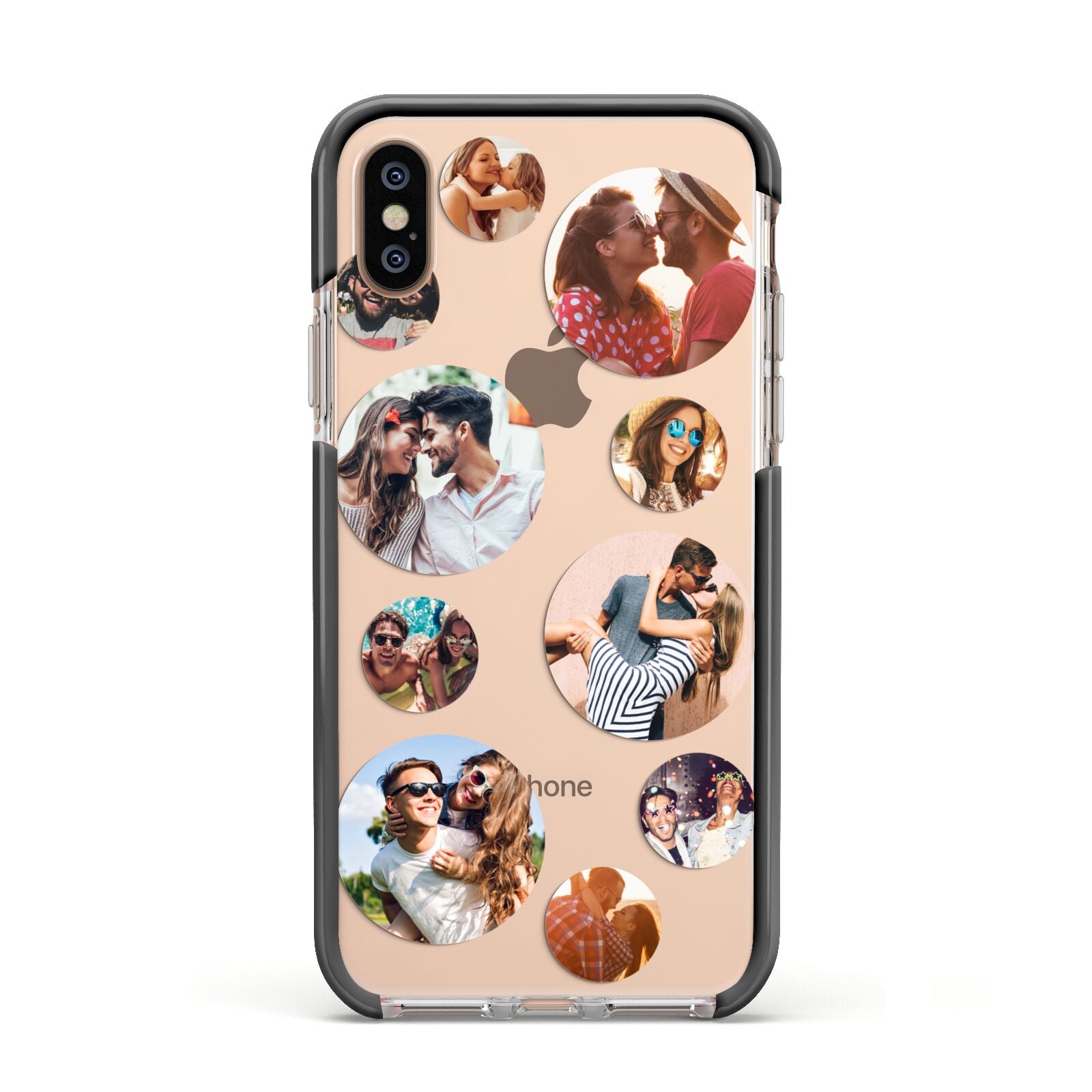 Multi Circular Photo Collage Upload Apple iPhone Xs Impact Case Black Edge on Gold Phone