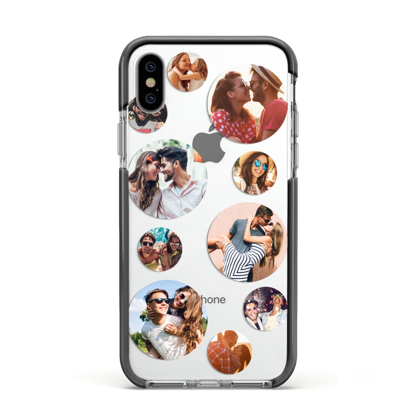 Multi Circular Photo Collage Upload Apple iPhone Xs Impact Case Black Edge on Silver Phone