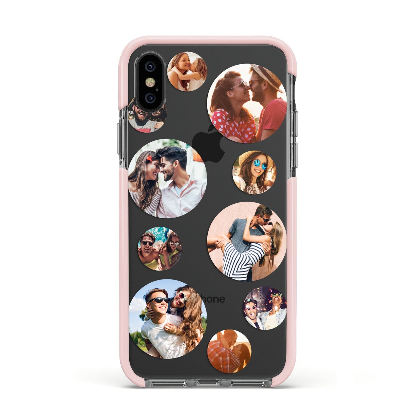 Multi Circular Photo Collage Upload Apple iPhone Xs Impact Case Pink Edge on Black Phone