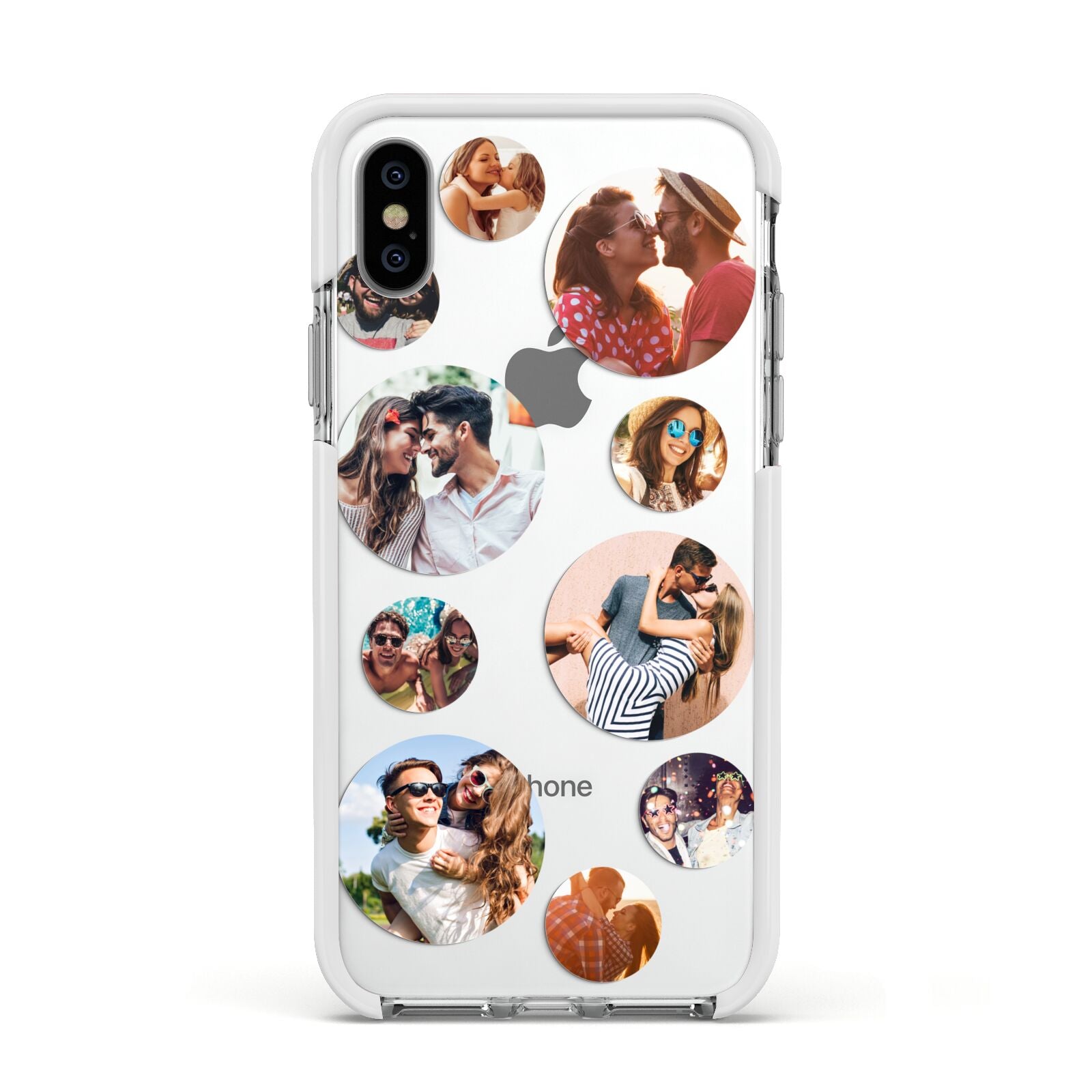 Multi Circular Photo Collage Upload Apple iPhone Xs Impact Case White Edge on Silver Phone