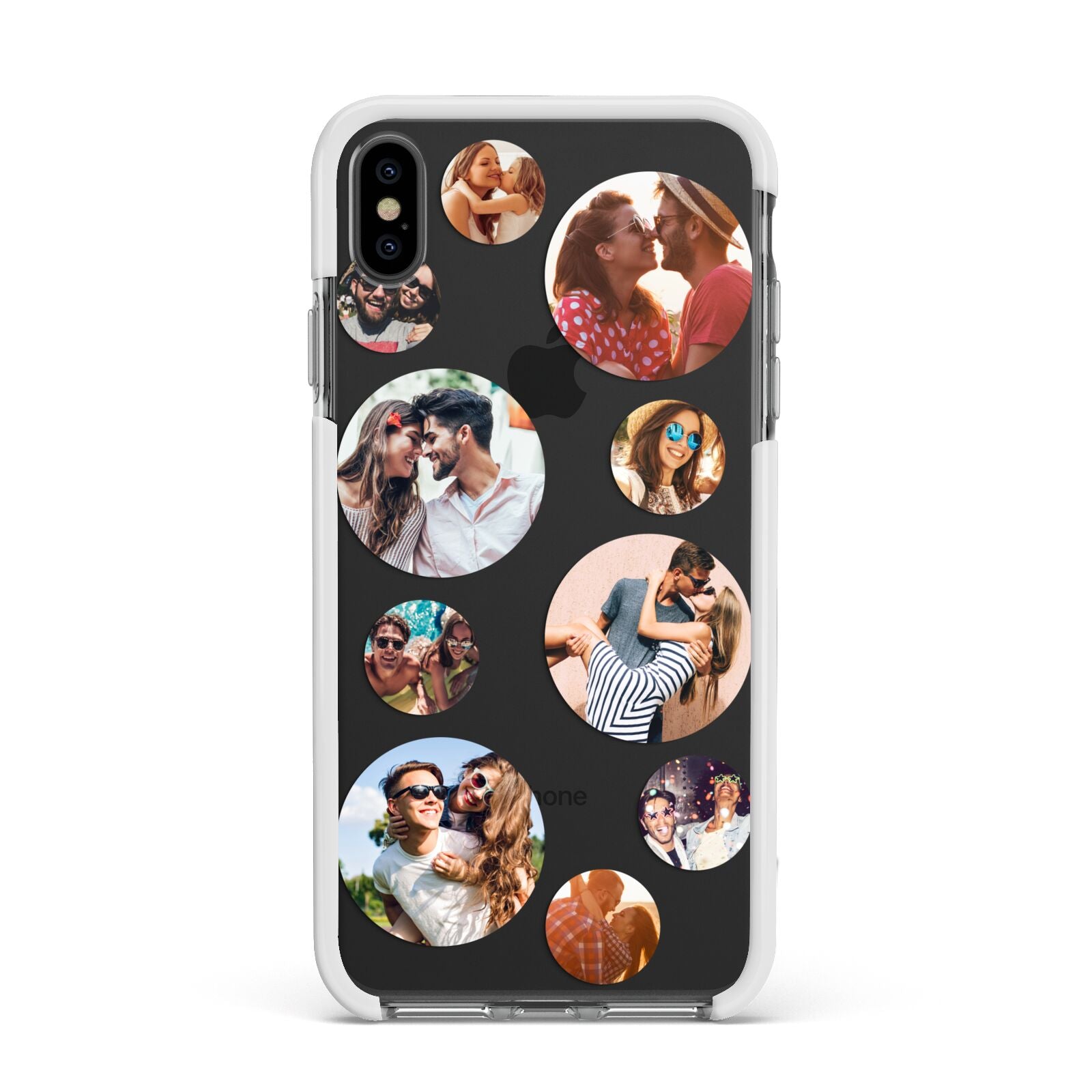 Multi Circular Photo Collage Upload Apple iPhone Xs Max Impact Case White Edge on Black Phone