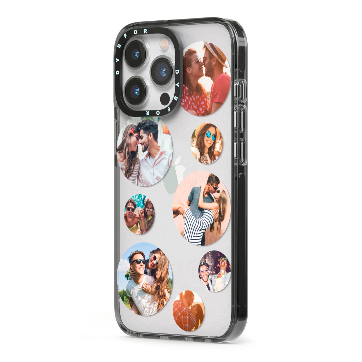 Multi Circular Photo Collage Upload iPhone 13 Pro Black Impact Case Side Angle on Silver phone