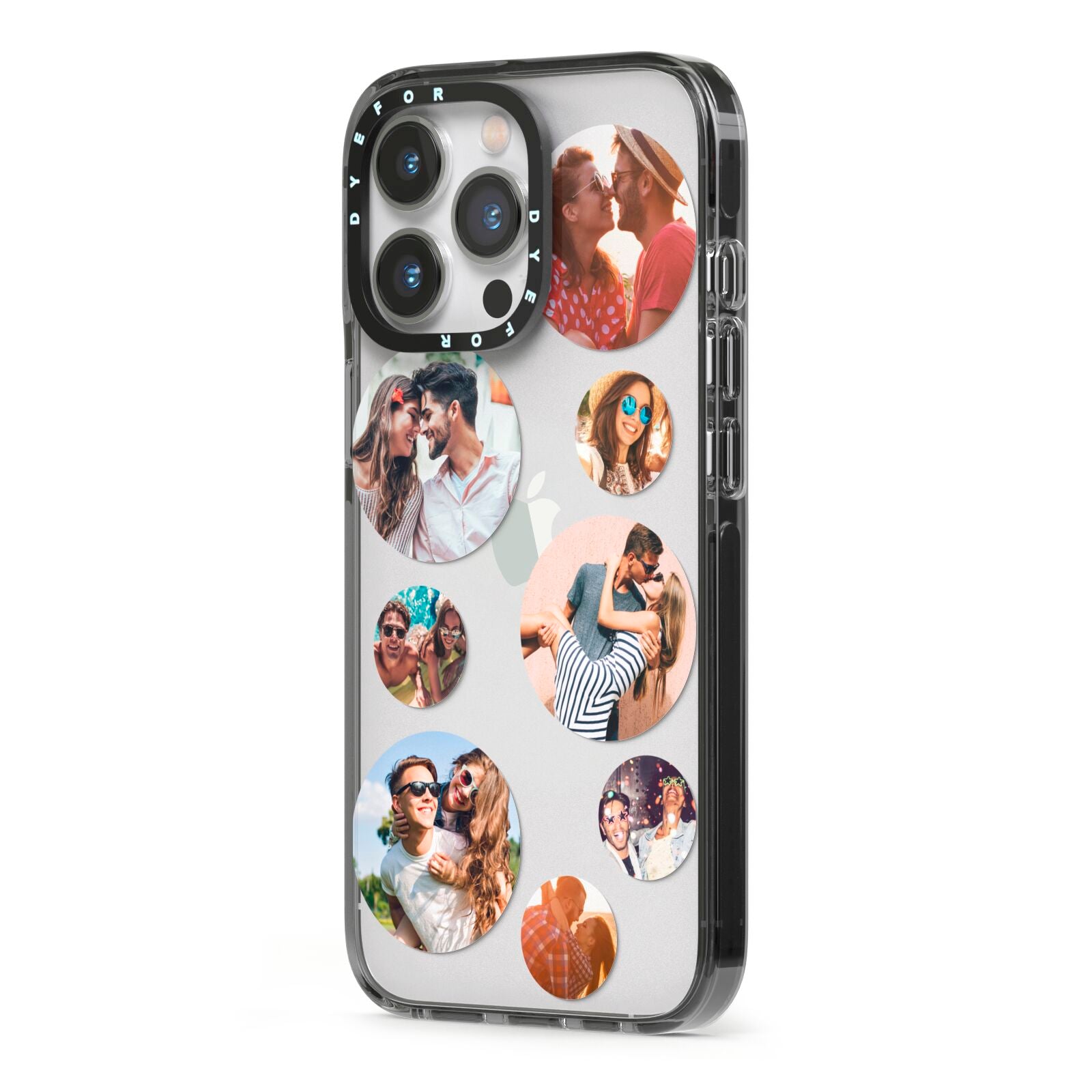 Multi Circular Photo Collage Upload iPhone 13 Pro Black Impact Case Side Angle on Silver phone