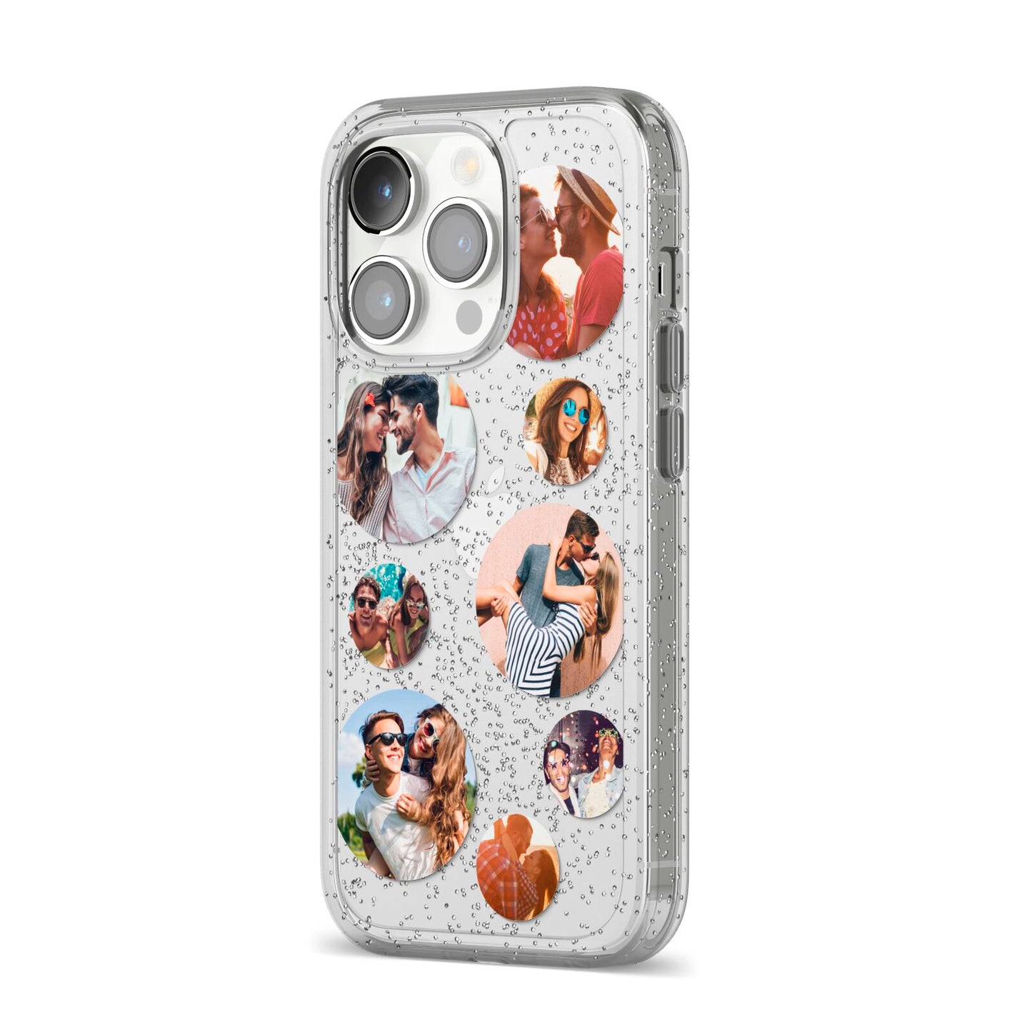 Multi Circular Photo Collage Upload iPhone 14 Pro Glitter Tough Case Silver Angled Image