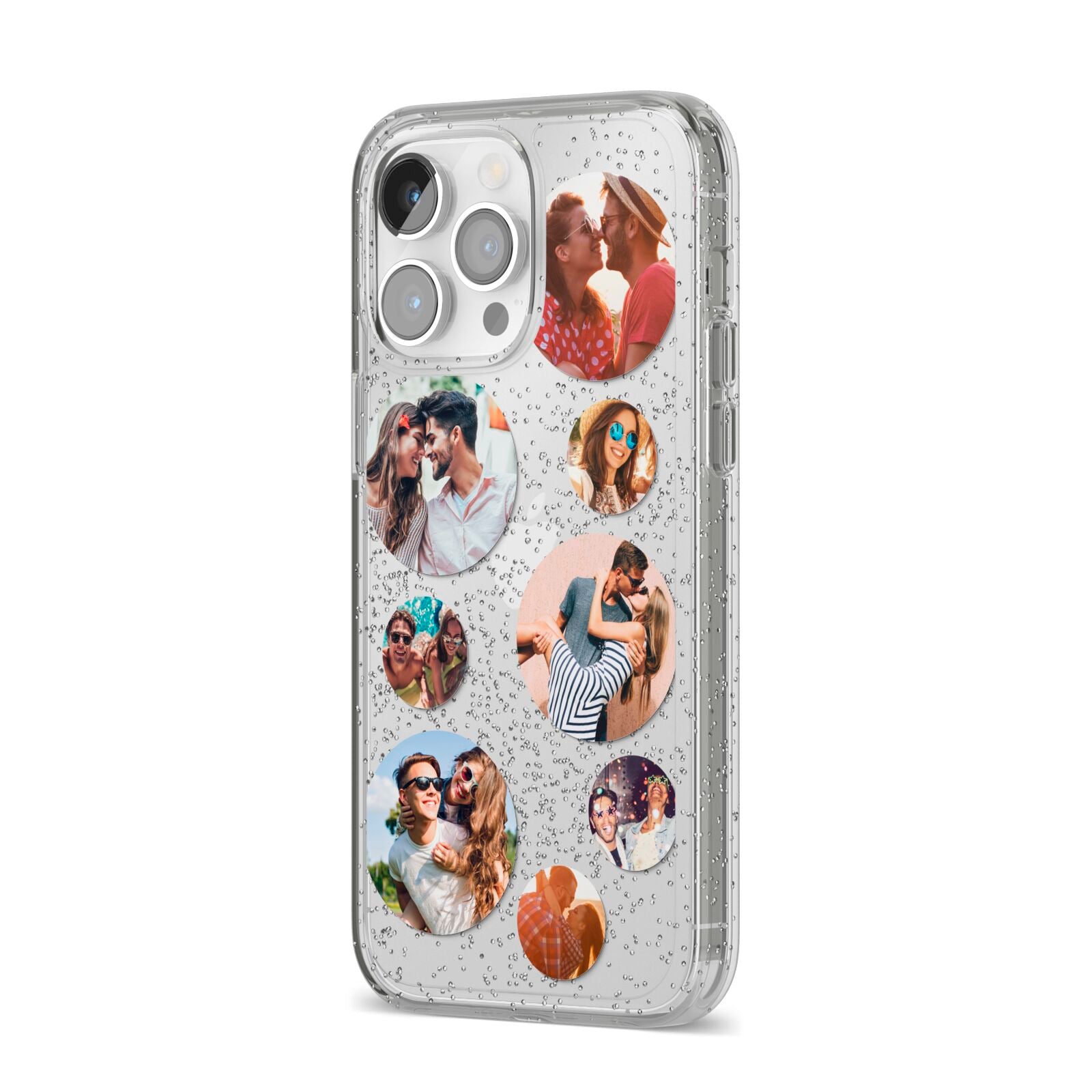 Multi Circular Photo Collage Upload iPhone 14 Pro Max Glitter Tough Case Silver Angled Image
