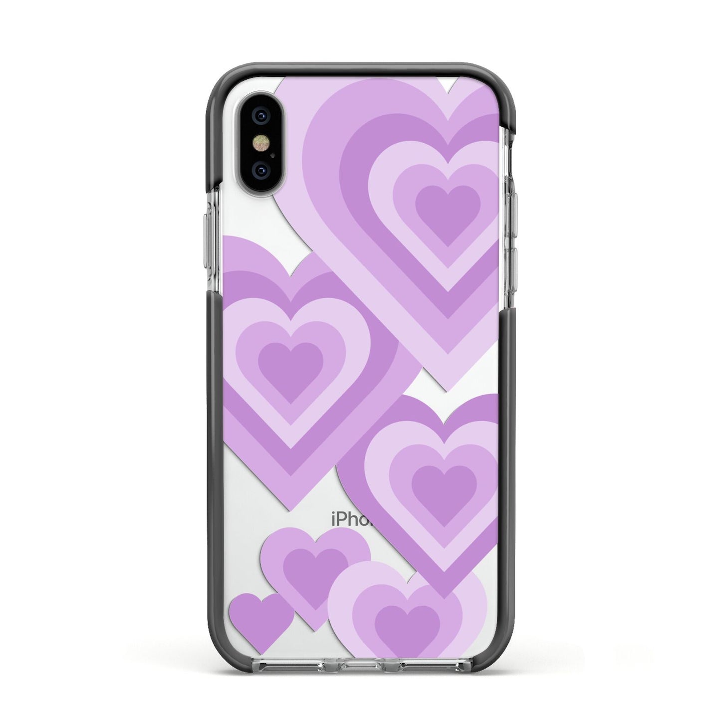 Multi Heart Apple iPhone Xs Impact Case Black Edge on Silver Phone
