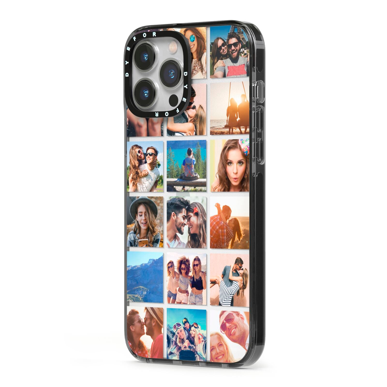 Multi Photo Collage iPhone 13 Pro Max Black Impact Case Side Angle on Silver phone