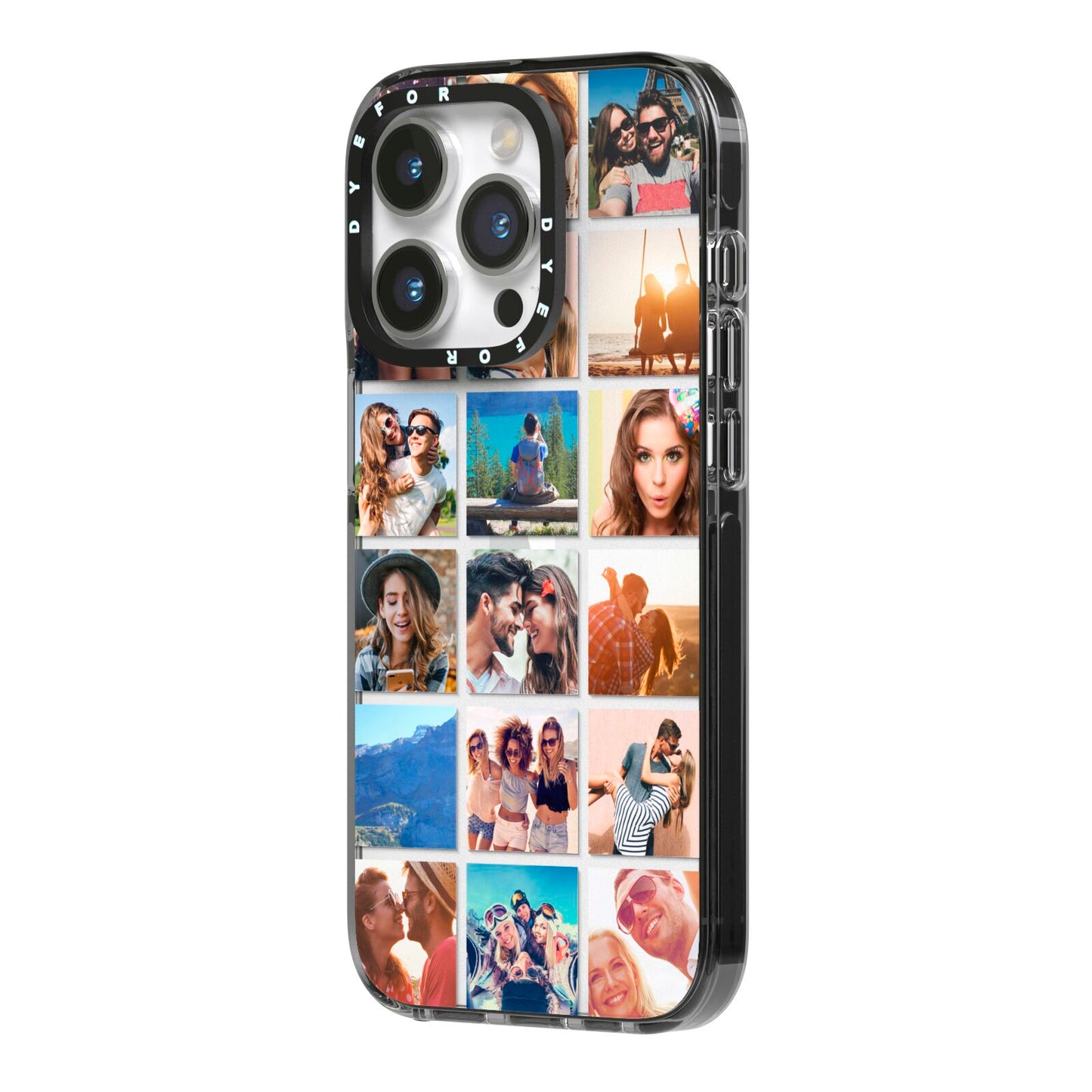 Multi Photo Collage iPhone 14 Pro Black Impact Case Side Angle on Silver phone