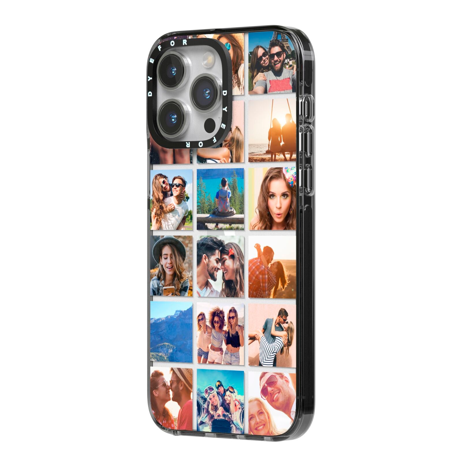 Multi Photo Collage iPhone 14 Pro Max Black Impact Case Side Angle on Silver phone