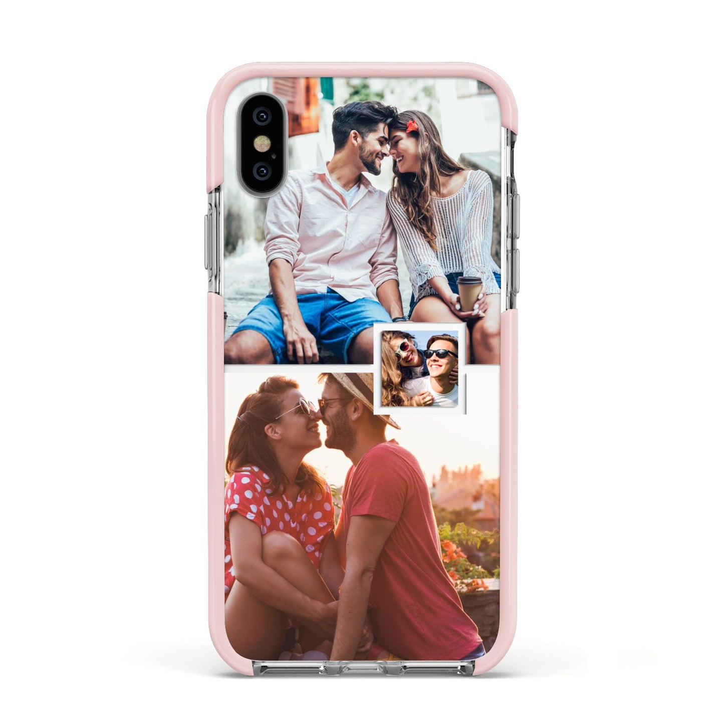 Multi Photo Square Collage Apple iPhone Xs Impact Case Pink Edge on Silver Phone