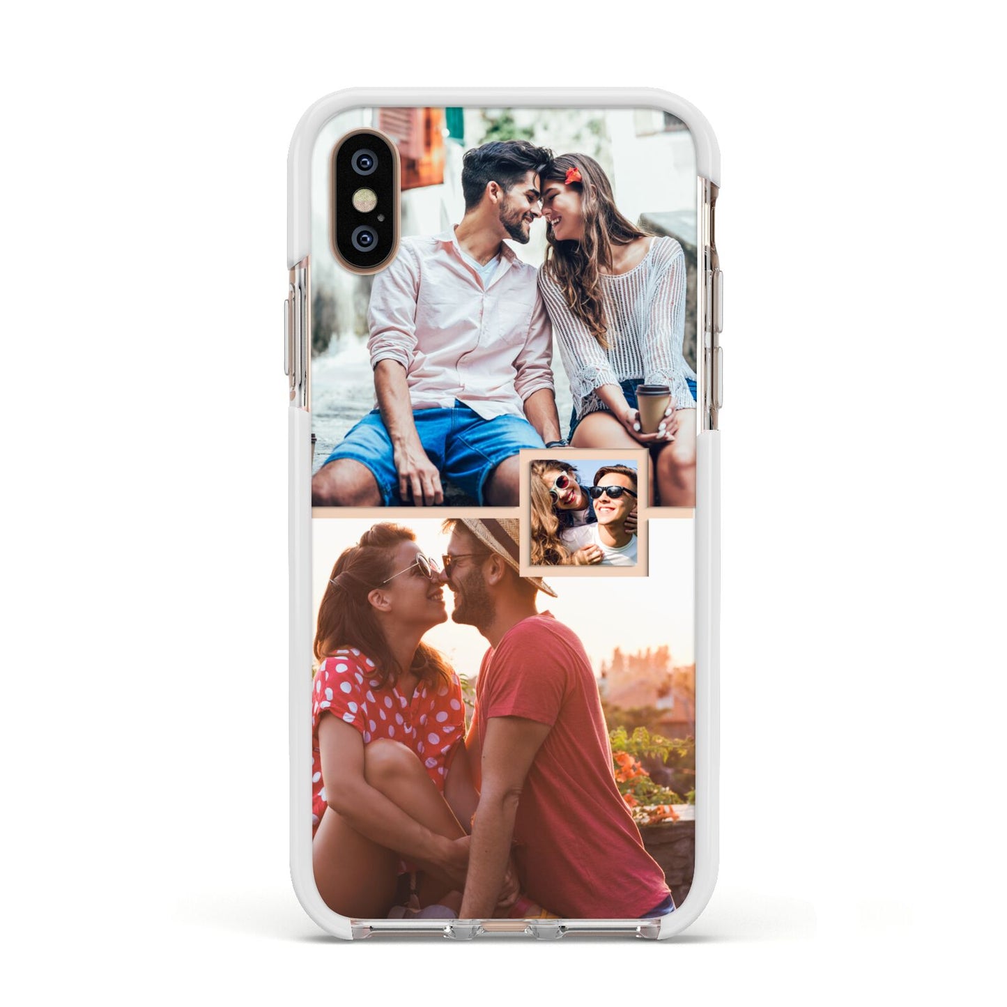 Multi Photo Square Collage Apple iPhone Xs Impact Case White Edge on Gold Phone