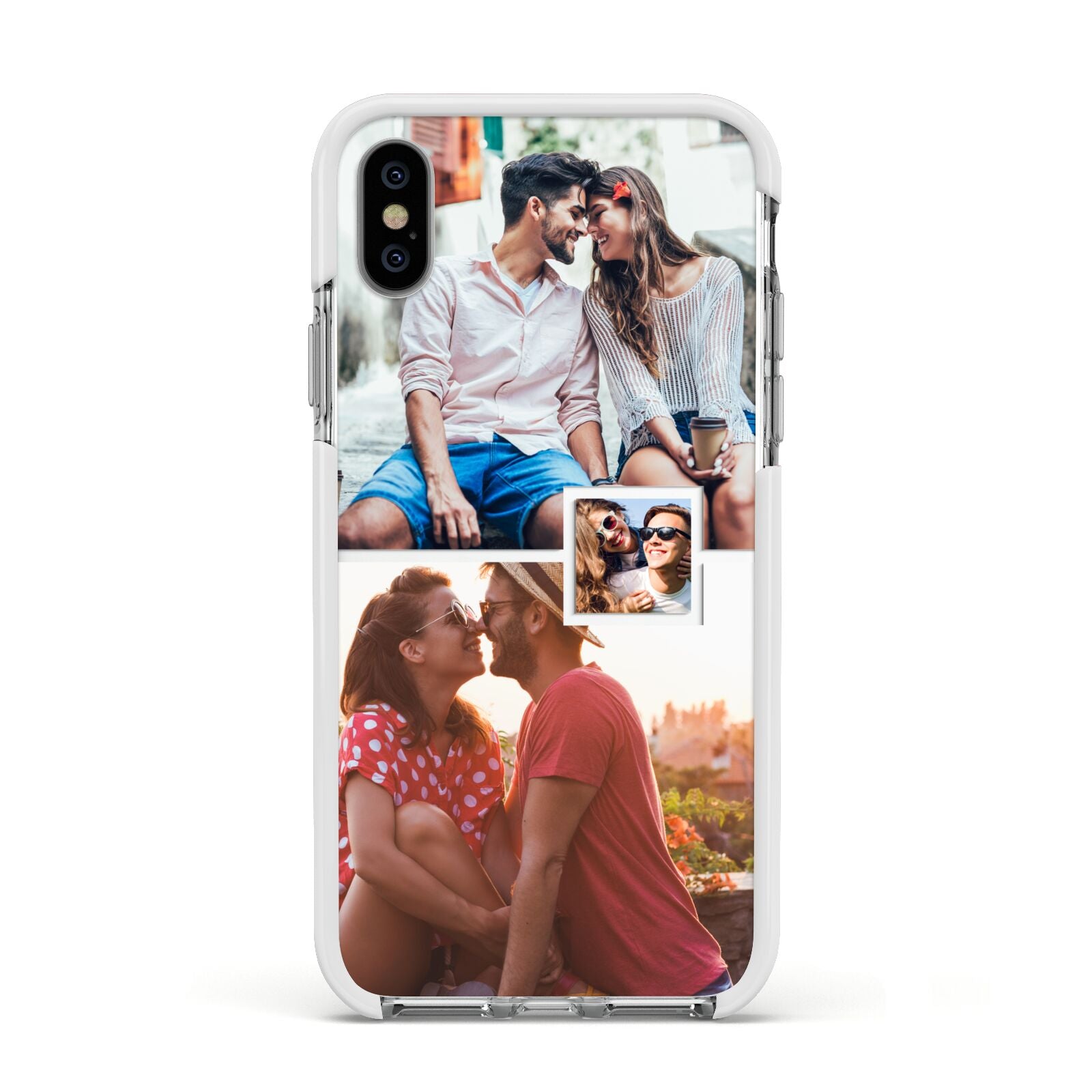 Multi Photo Square Collage Apple iPhone Xs Impact Case White Edge on Silver Phone