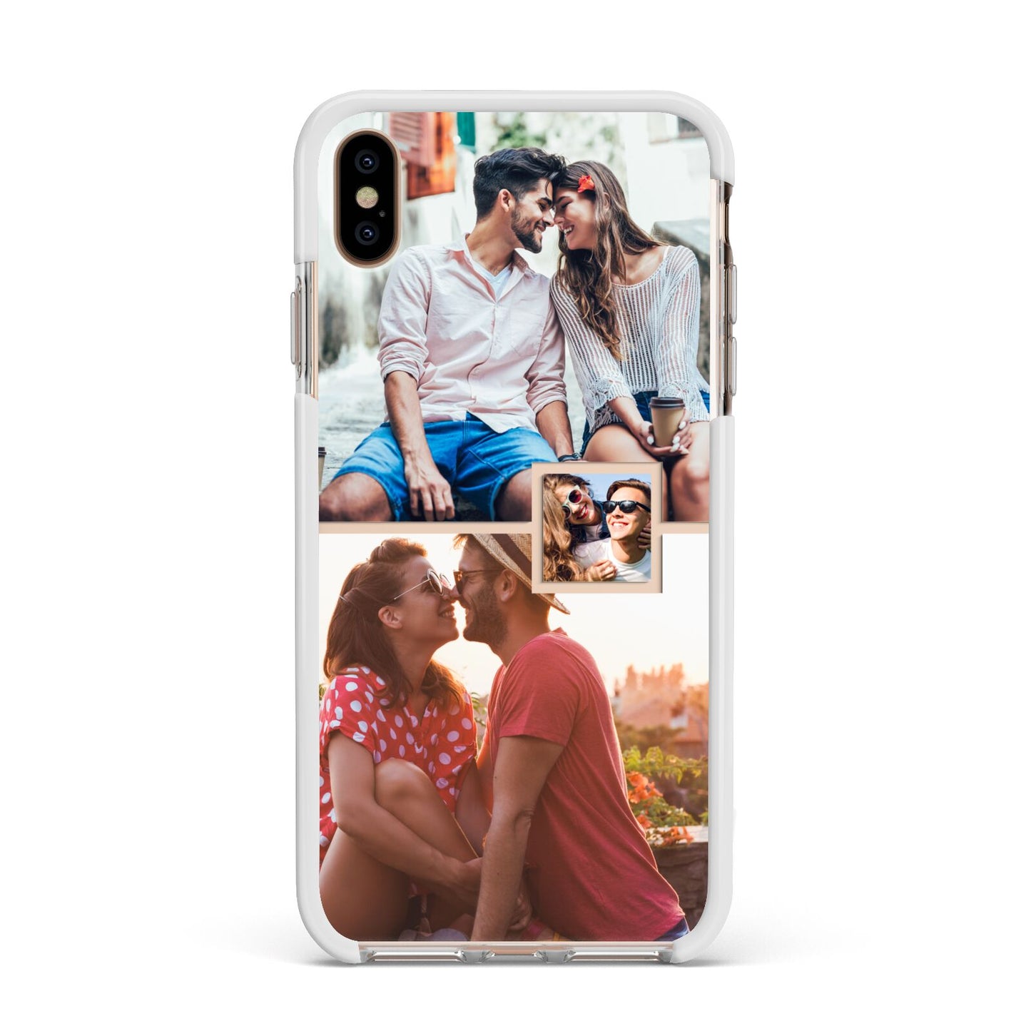 Multi Photo Square Collage Apple iPhone Xs Max Impact Case White Edge on Gold Phone