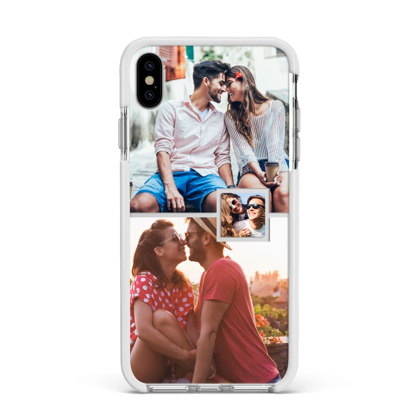 Multi Photo Square Collage Apple iPhone Xs Max Impact Case White Edge on Silver Phone